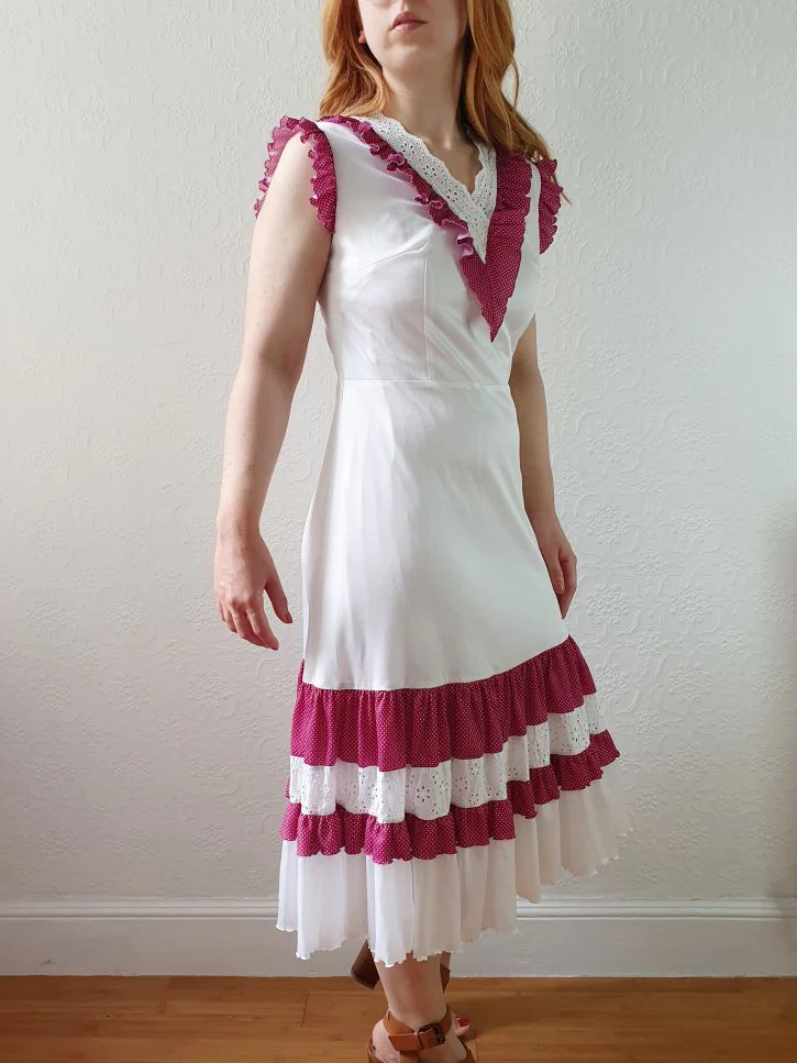 Vintage 70s White & Purple Sleeveless Midi Dress - S - Image 6