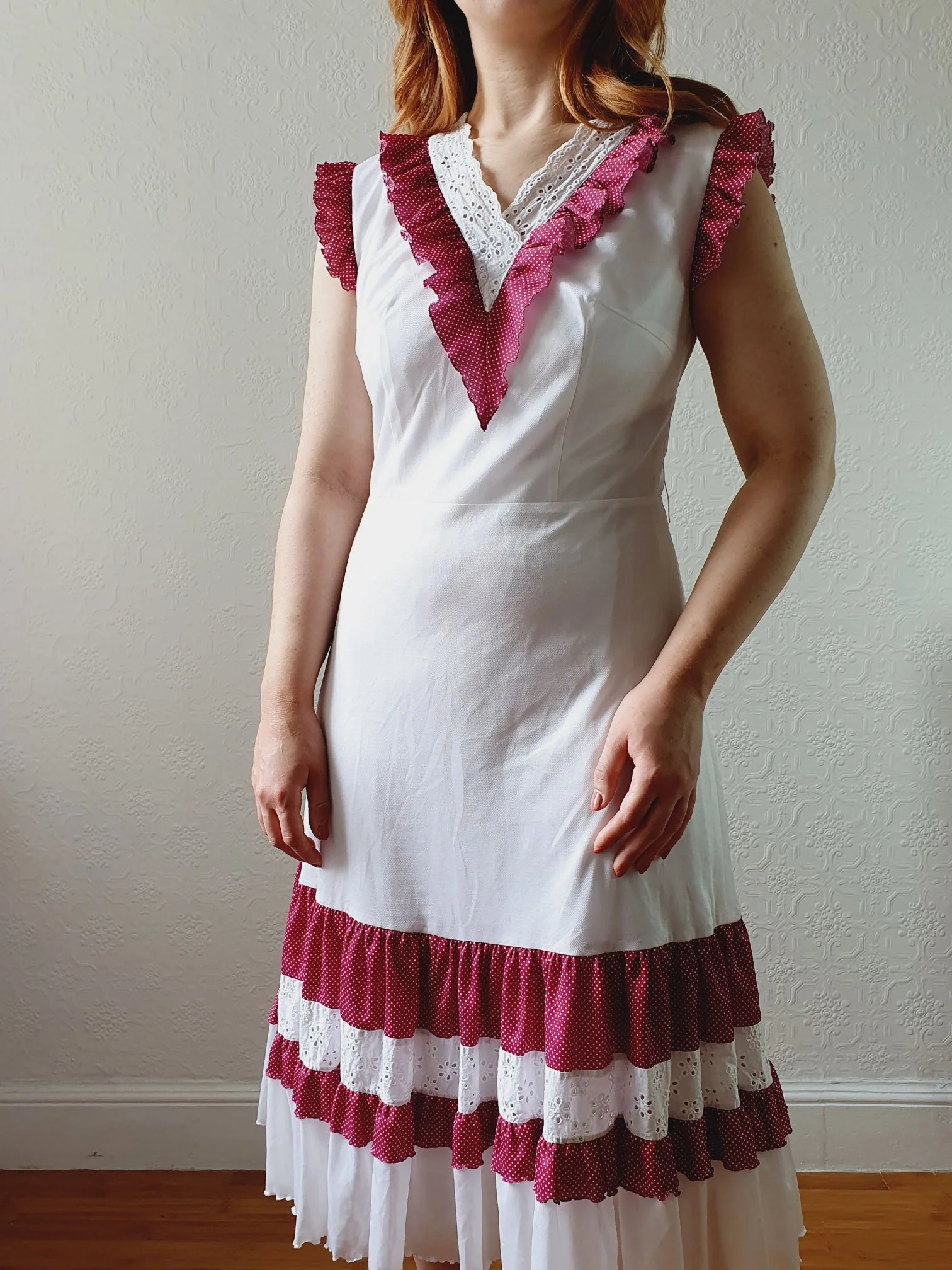 Vintage 70s White & Purple Sleeveless Midi Dress - S - Image 7