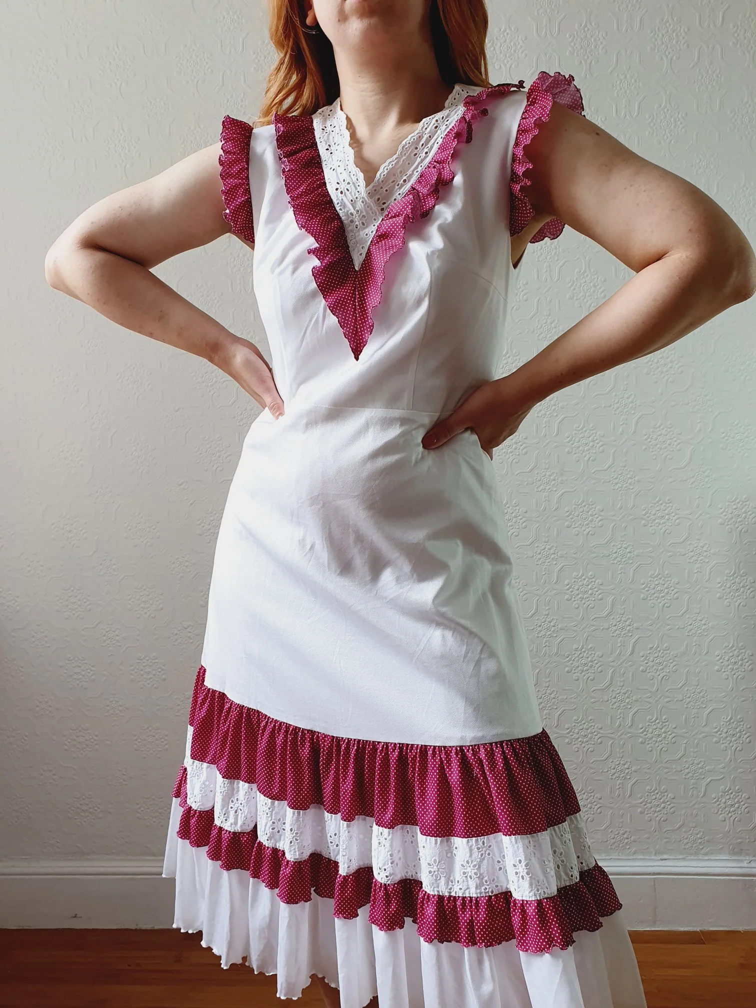 Vintage 70s White & Purple Sleeveless Midi Dress - S - Image 8