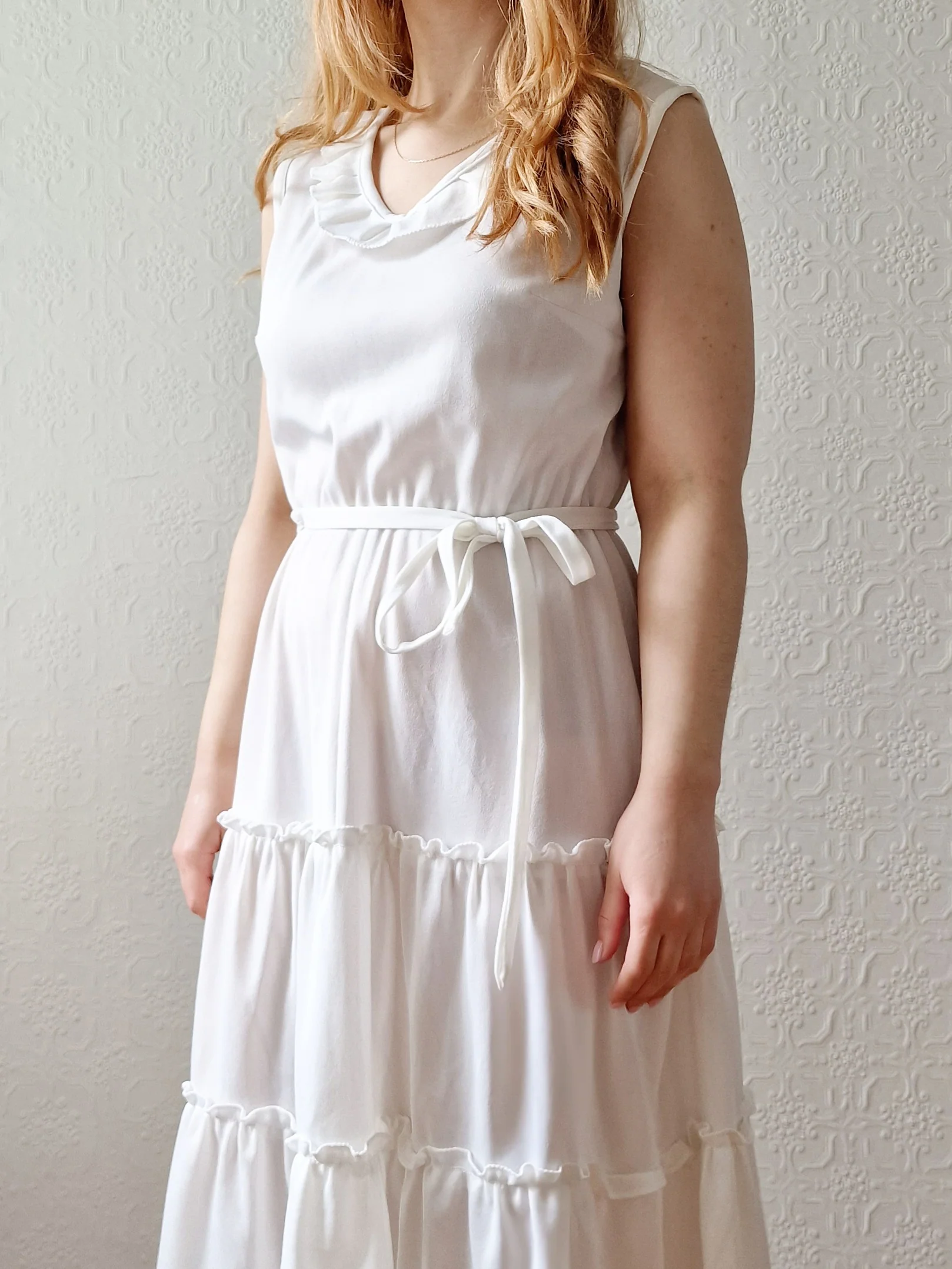 Vintage 70s White Ruffle Sleeveless Midi Dress - S - Image 2