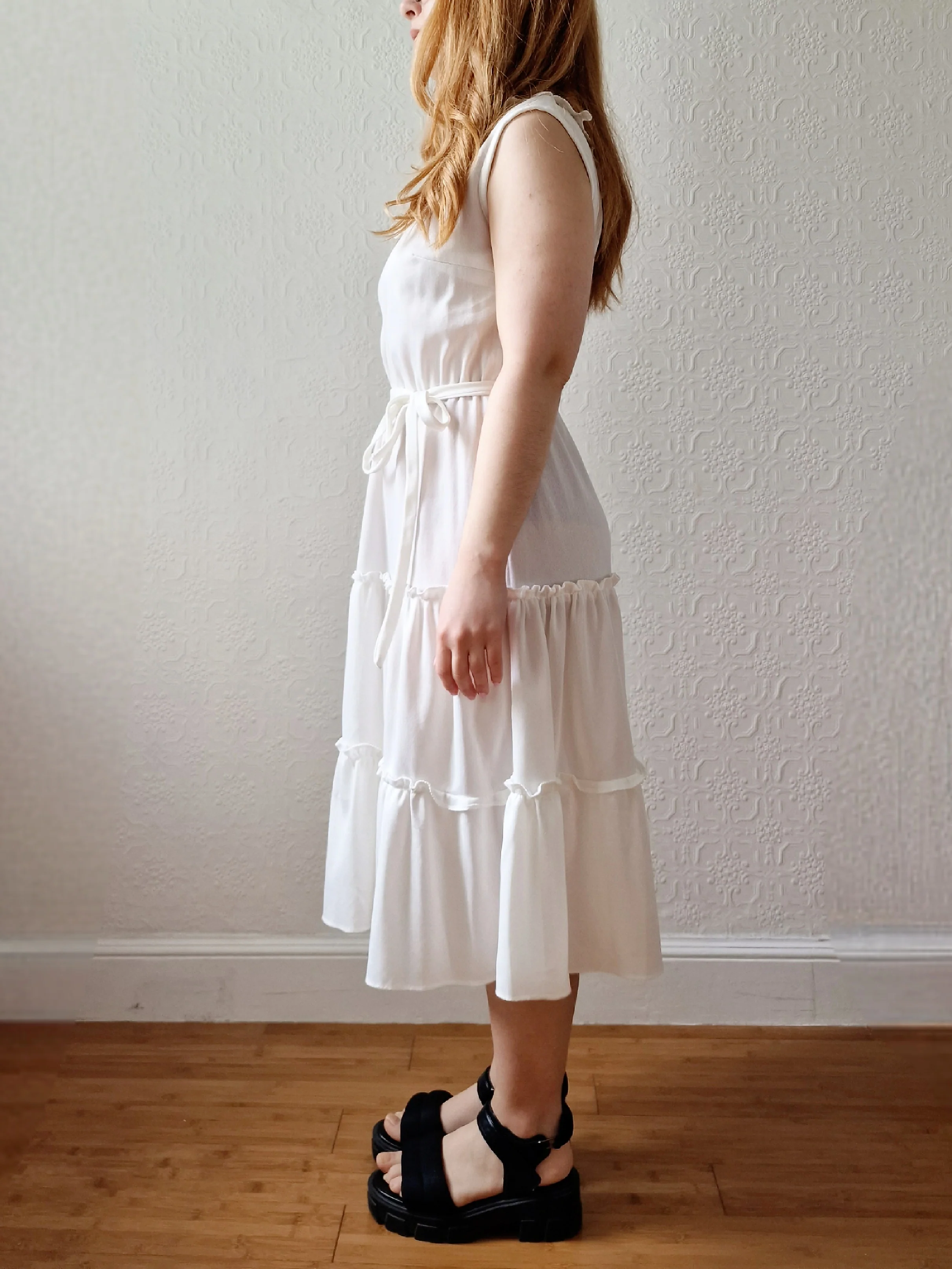 Vintage 70s White Ruffle Sleeveless Midi Dress - S - Image 3