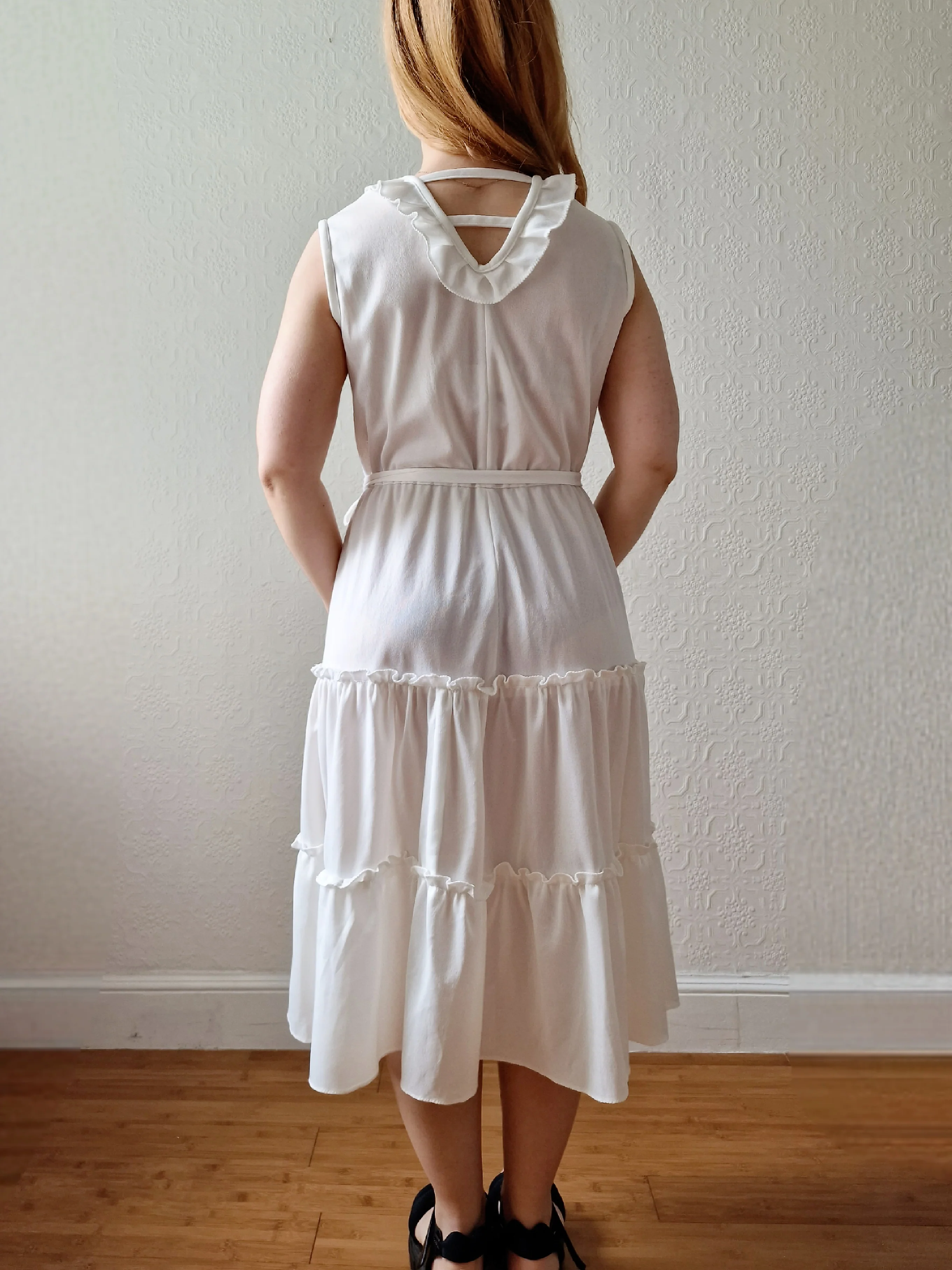 Vintage 70s White Ruffle Sleeveless Midi Dress - S - Image 4