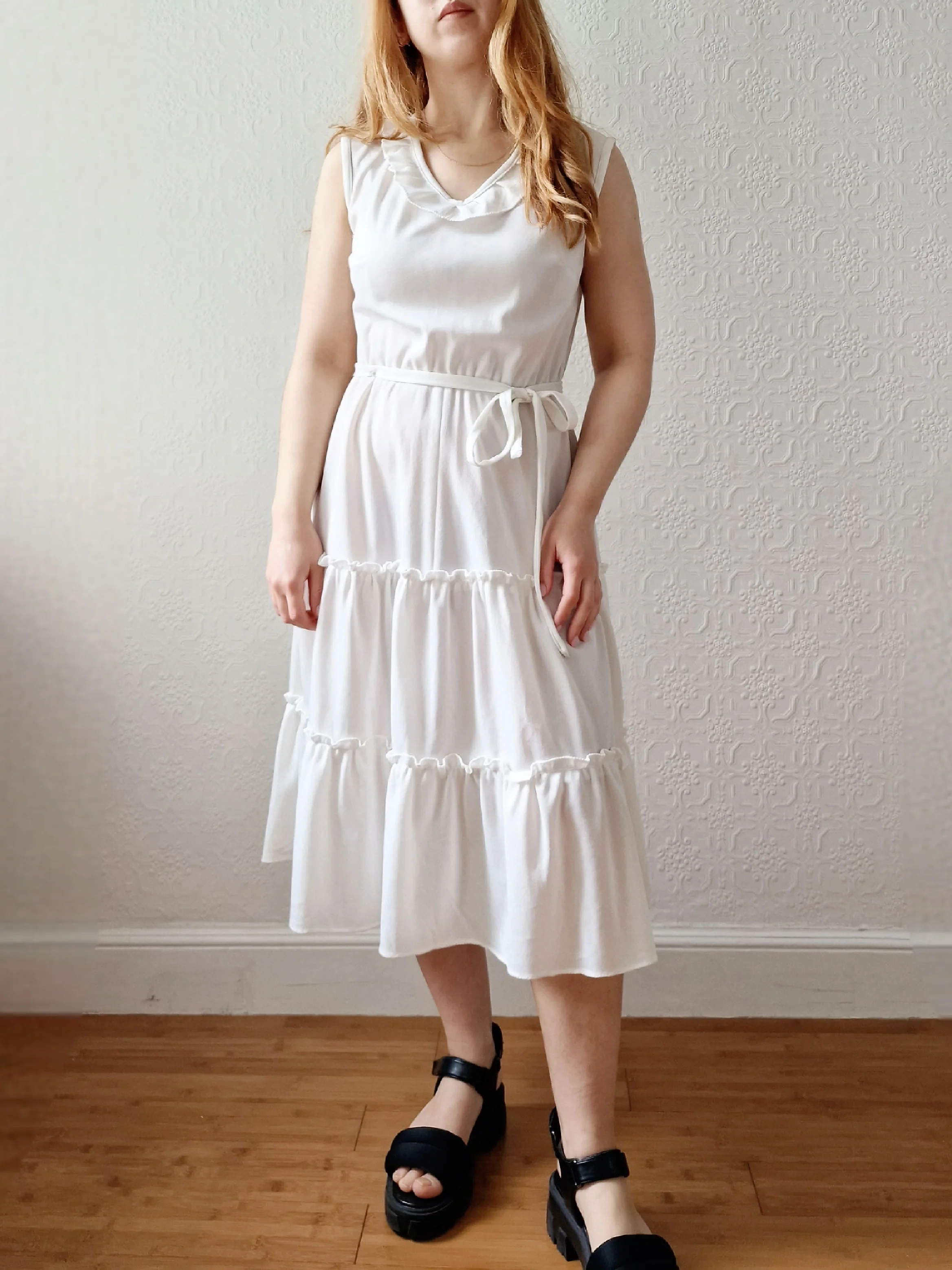 Vintage 70s White Ruffle Sleeveless Midi Dress - S - Image 5