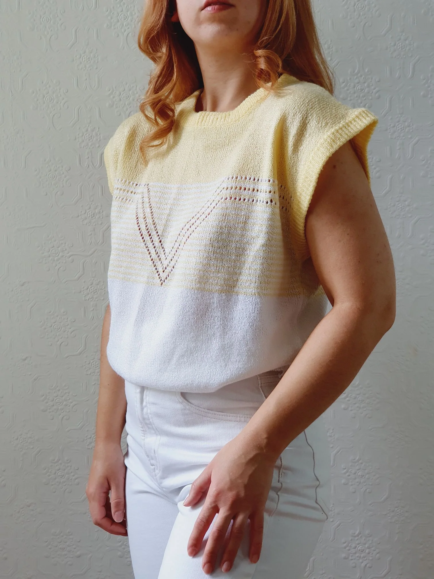 Vintage 70s White & Yellow Knitted Vest - M/L - Image 2