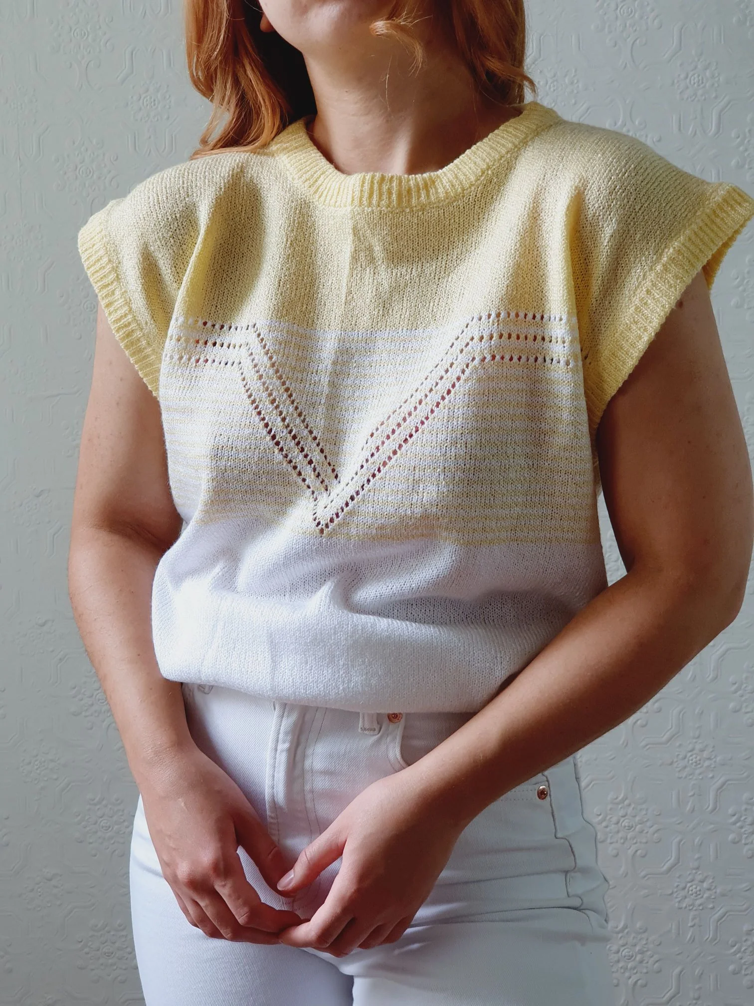 Vintage 70s White & Yellow Knitted Vest - M/L - Image 5