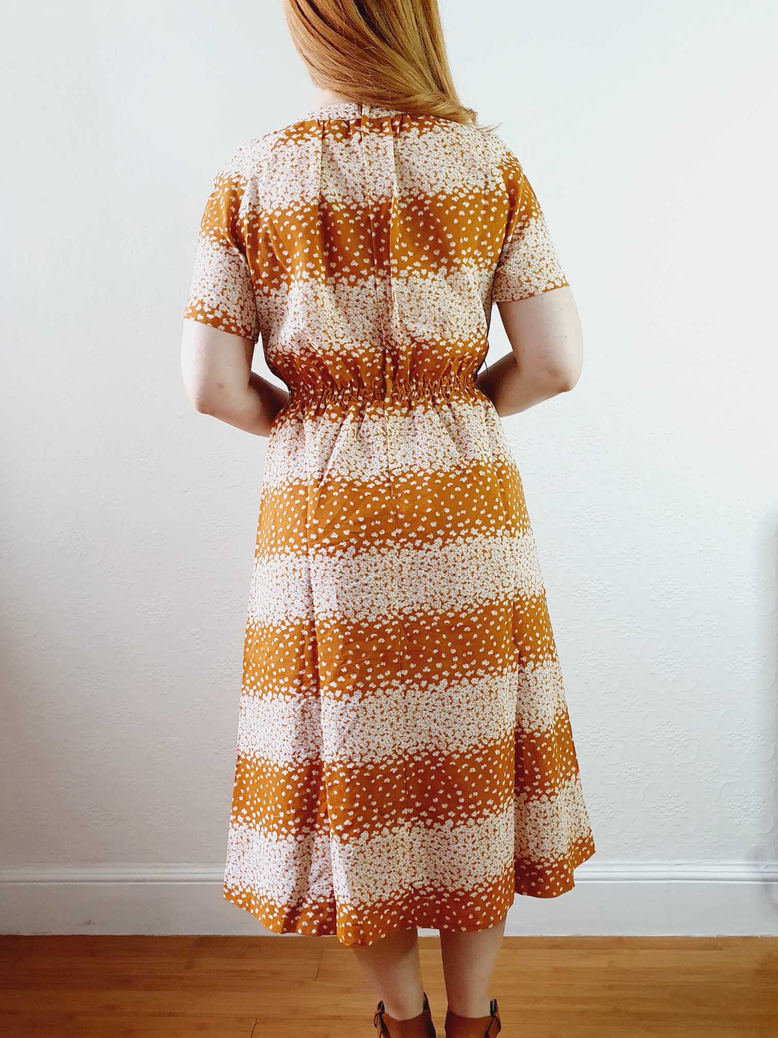 Vintage 70s Yellow Ochre Ditsy Floral Short Sleeve Dress - S - Image 10