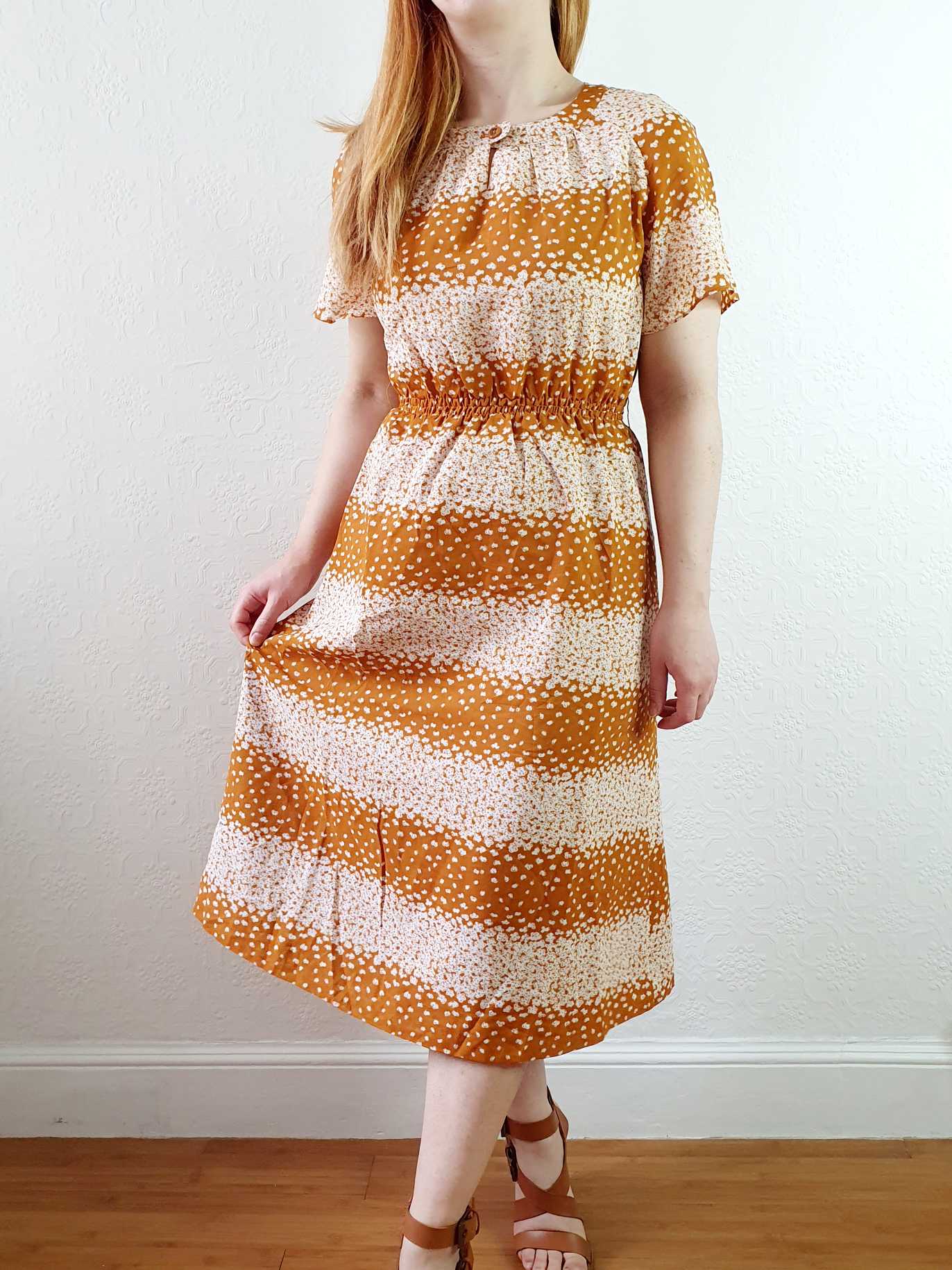 Vintage 70s Yellow Ochre Ditsy Floral Short Sleeve Dress - S - Image 11