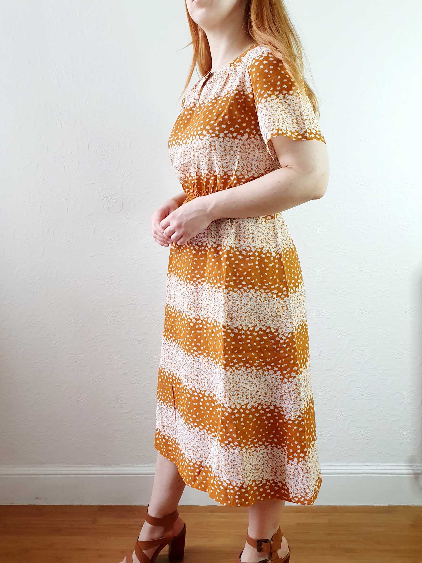 Vintage 70s Yellow Ochre Ditsy Floral Short Sleeve Dress - S - Image 3