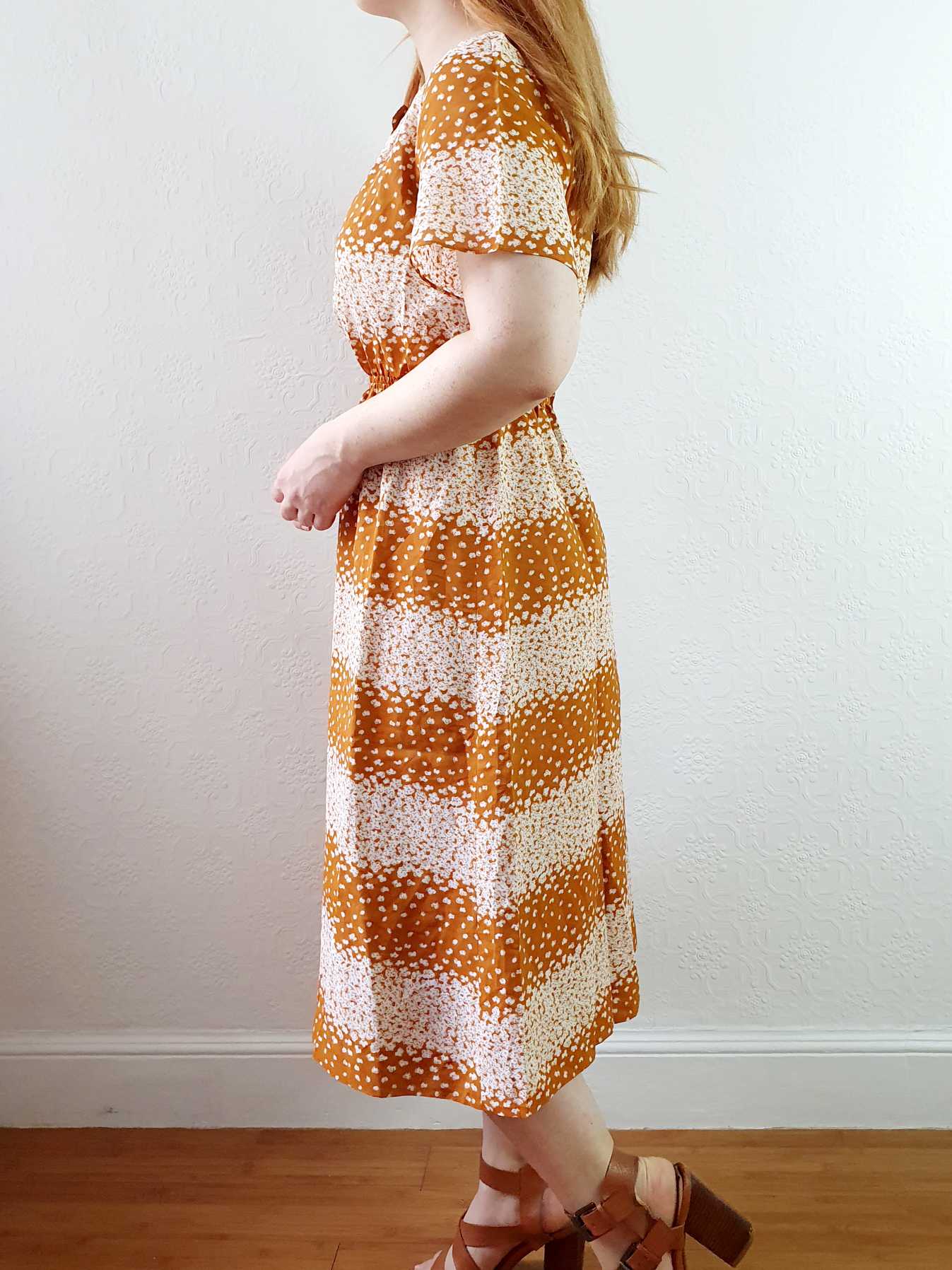 Vintage 70s Yellow Ochre Ditsy Floral Short Sleeve Dress - S - Image 6