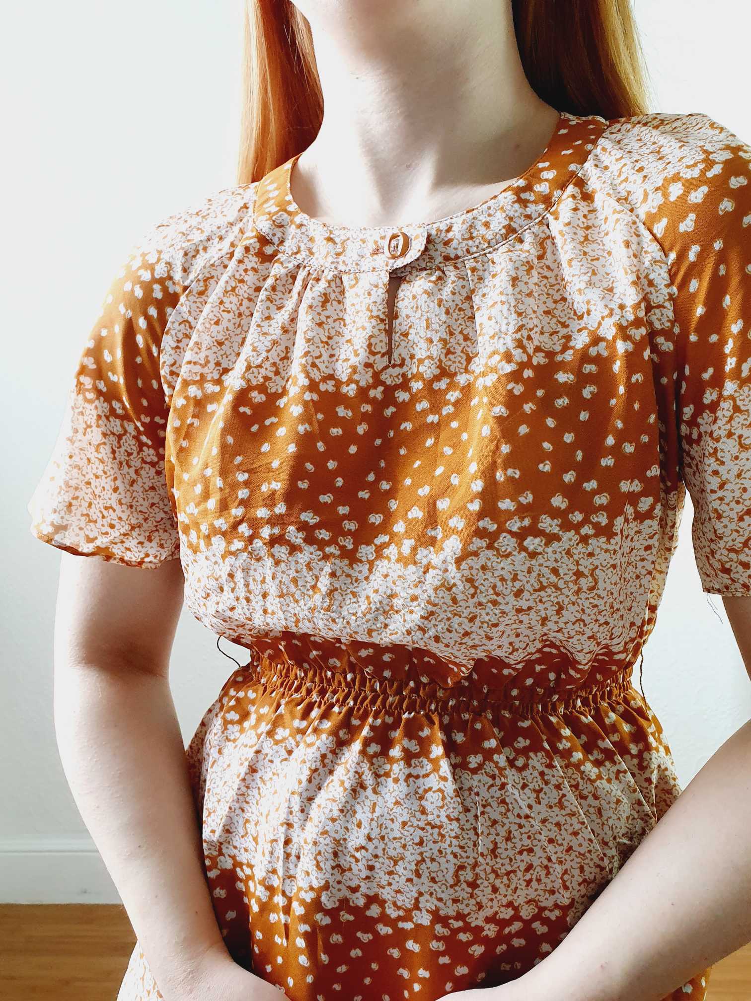 Vintage 70s Yellow Ochre Ditsy Floral Short Sleeve Dress - S - Image 7