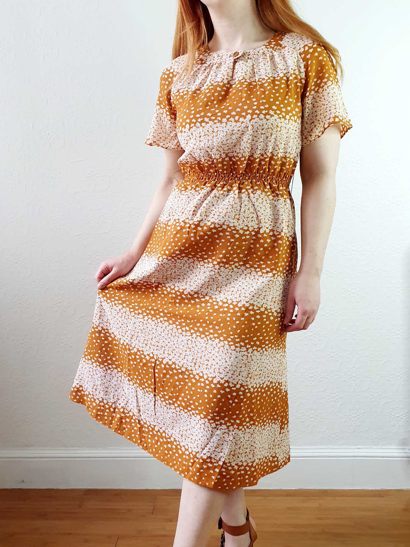 Vintage 70s Yellow Ochre Ditsy Floral Short Sleeve Dress - S - Image 8