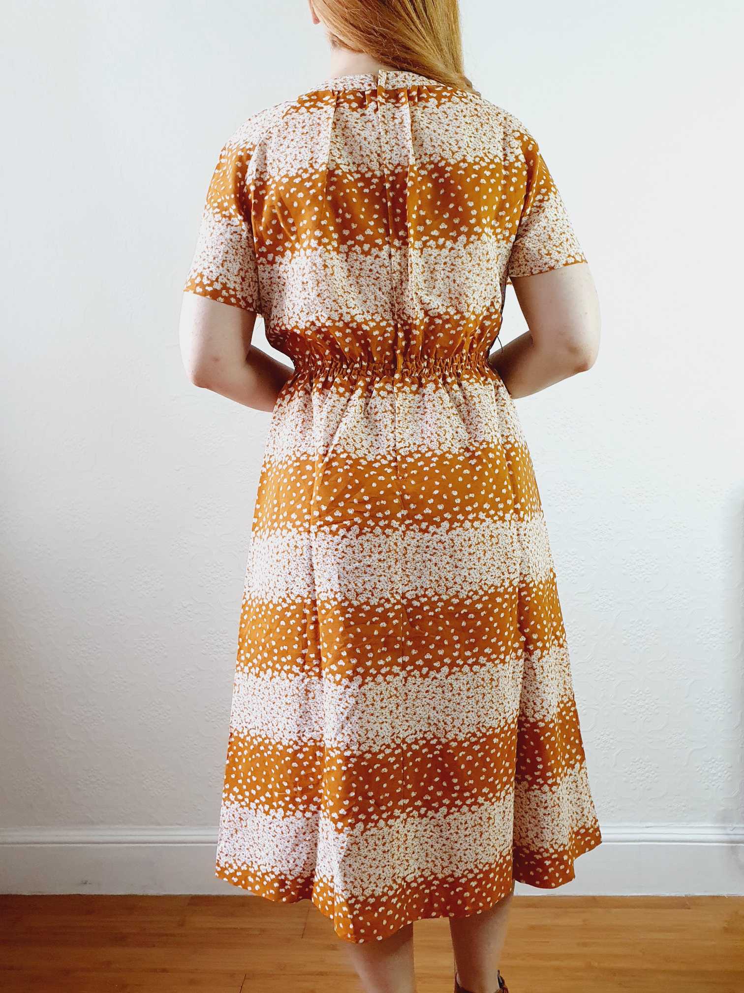 Vintage 70s Yellow Ochre Ditsy Floral Short Sleeve Dress - S - Image 9