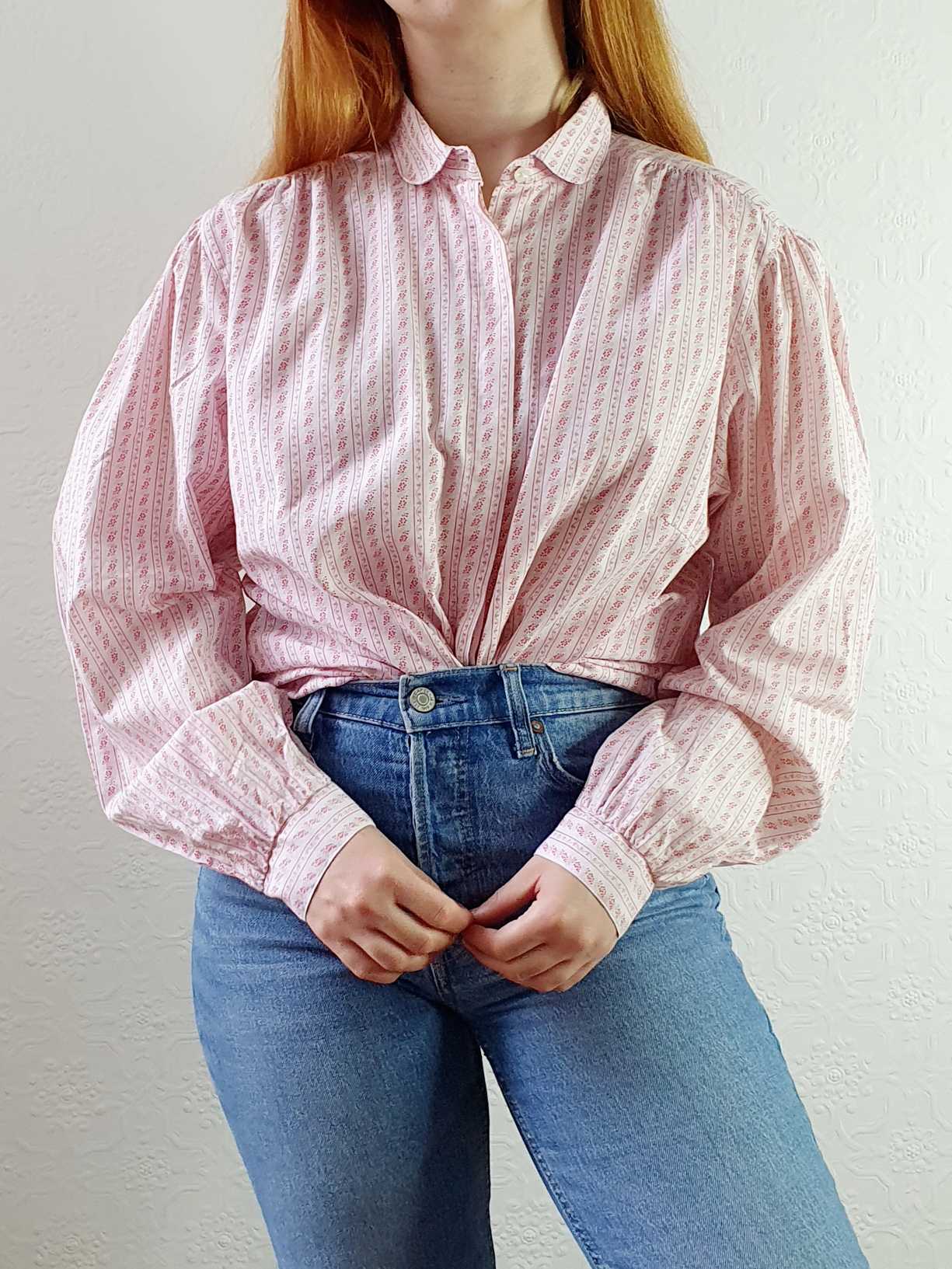 Vintage 80s Austrian Folk Cotton Blouse with Peter Pan Collar - M