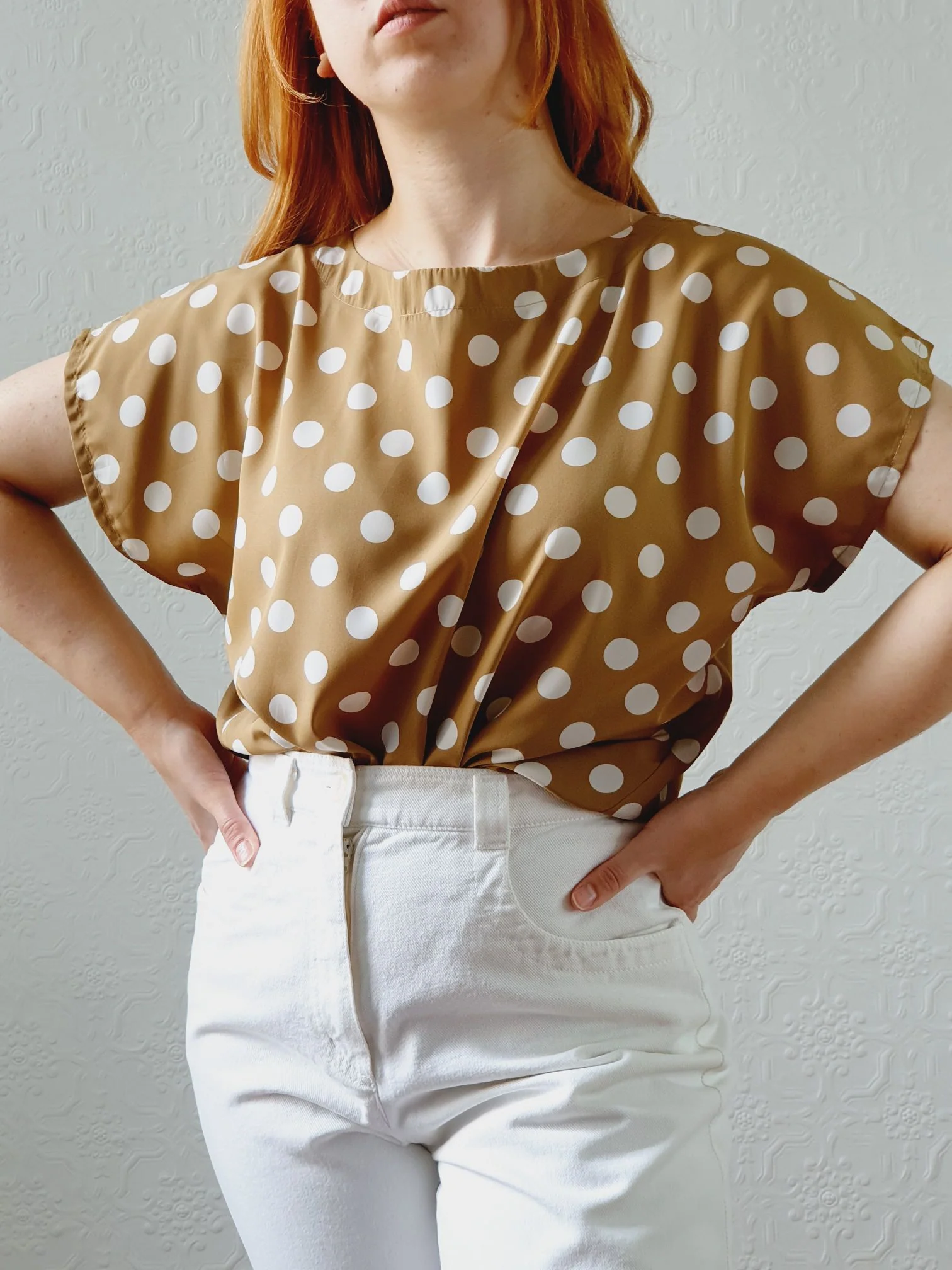 Vintage 80s Beige Blouse with White Polka Dots - S/M