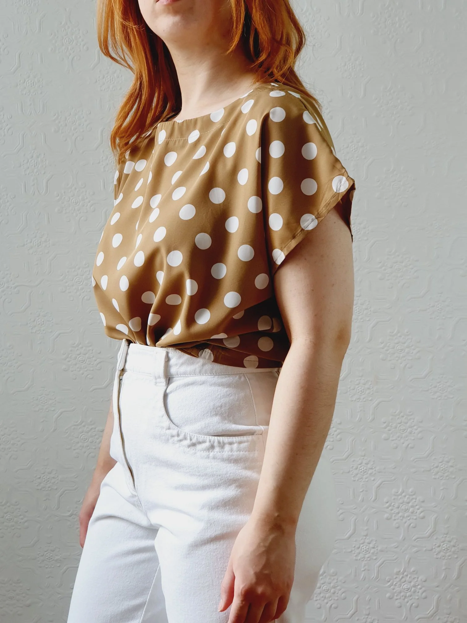 Vintage 80s Beige Blouse with White Polka Dots - S/M - Image 2