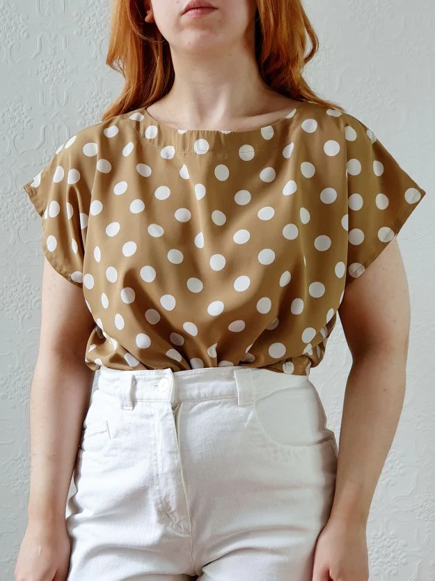 Vintage 80s Beige Blouse with White Polka Dots - S/M - Image 3