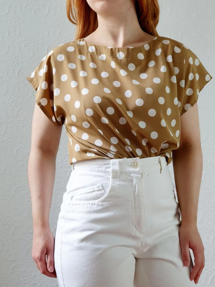 Vintage 80s Beige Blouse with White Polka Dots - S/M - Image 4