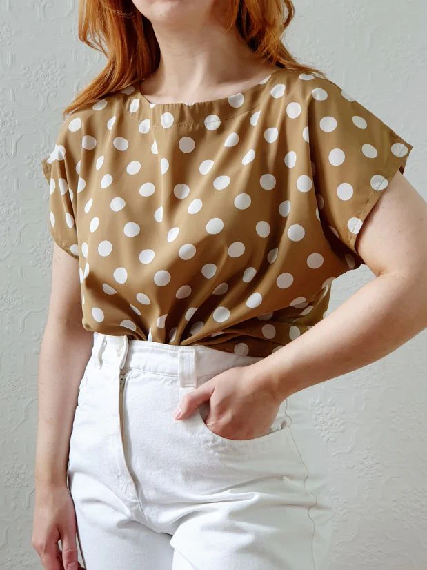 Vintage 80s Beige Blouse with White Polka Dots - S/M - Image 6