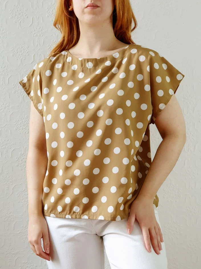 Vintage 80s Beige Blouse with White Polka Dots - S/M - Image 8