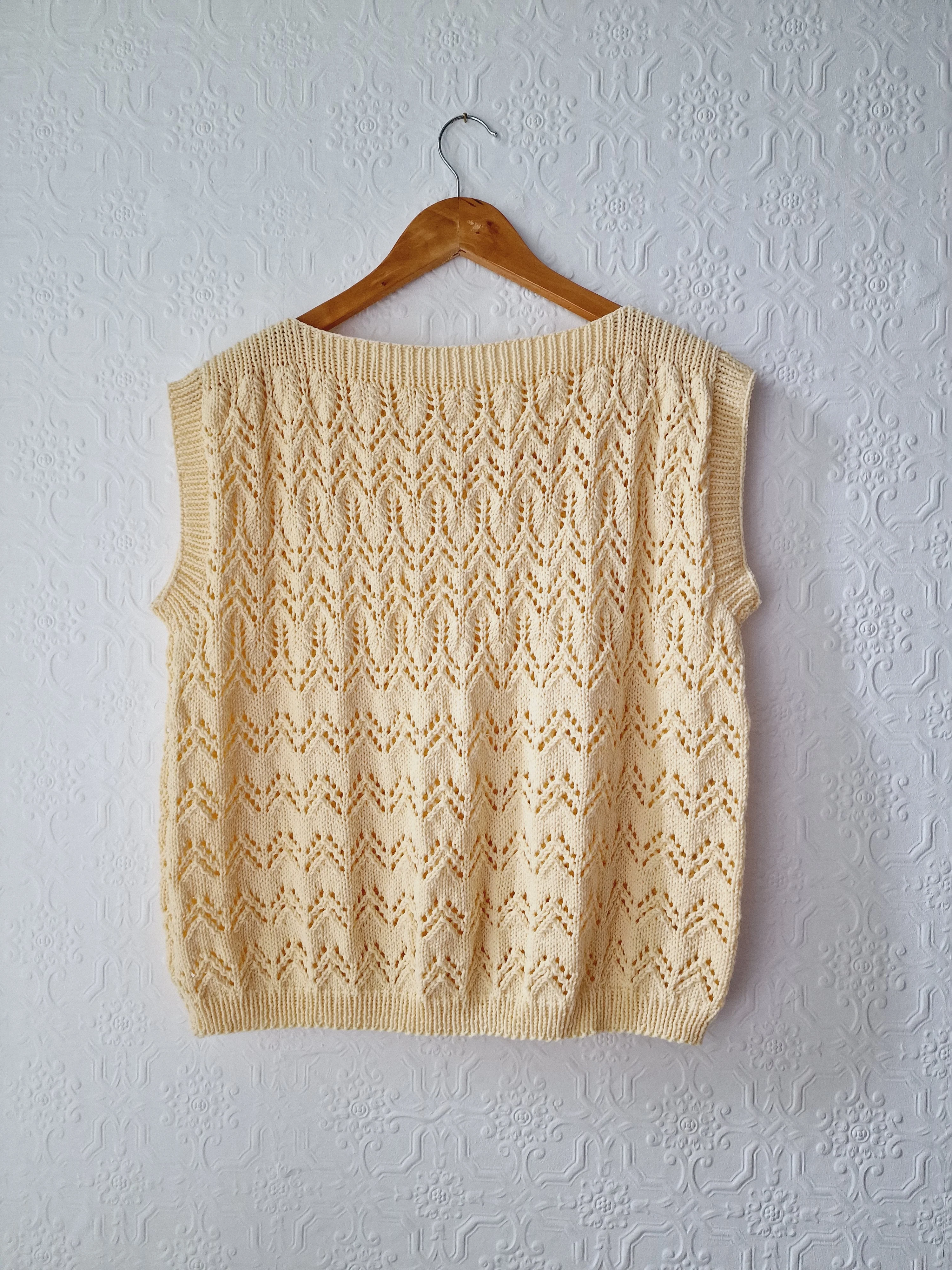 Vintage 80s Handknitted Beige Boat Neck Cap Sleeve Crochet Vest Top - M - Image 5
