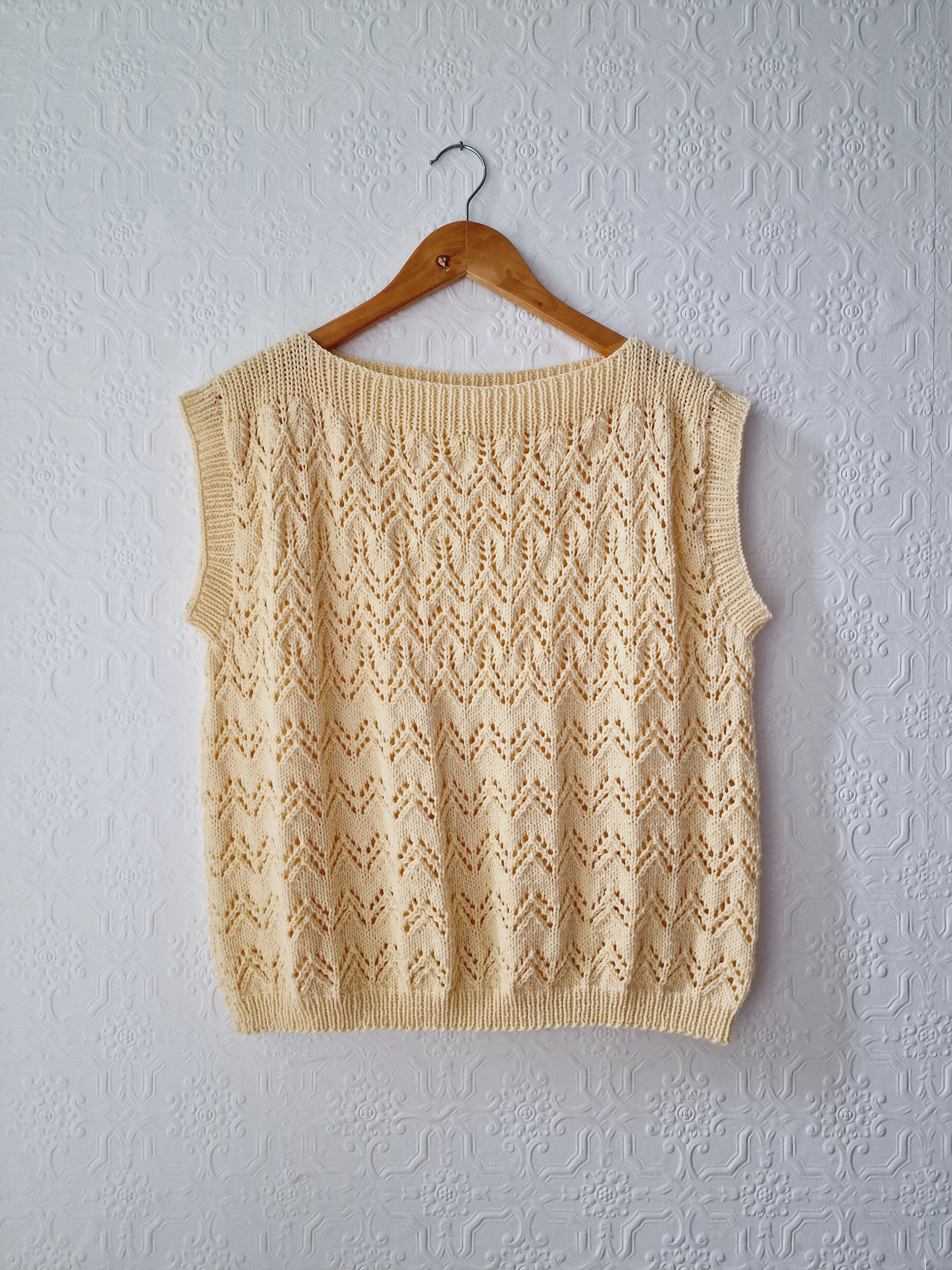 Vintage 80s Handknitted Beige Boat Neck Cap Sleeve Crochet Vest Top - M - Image 6