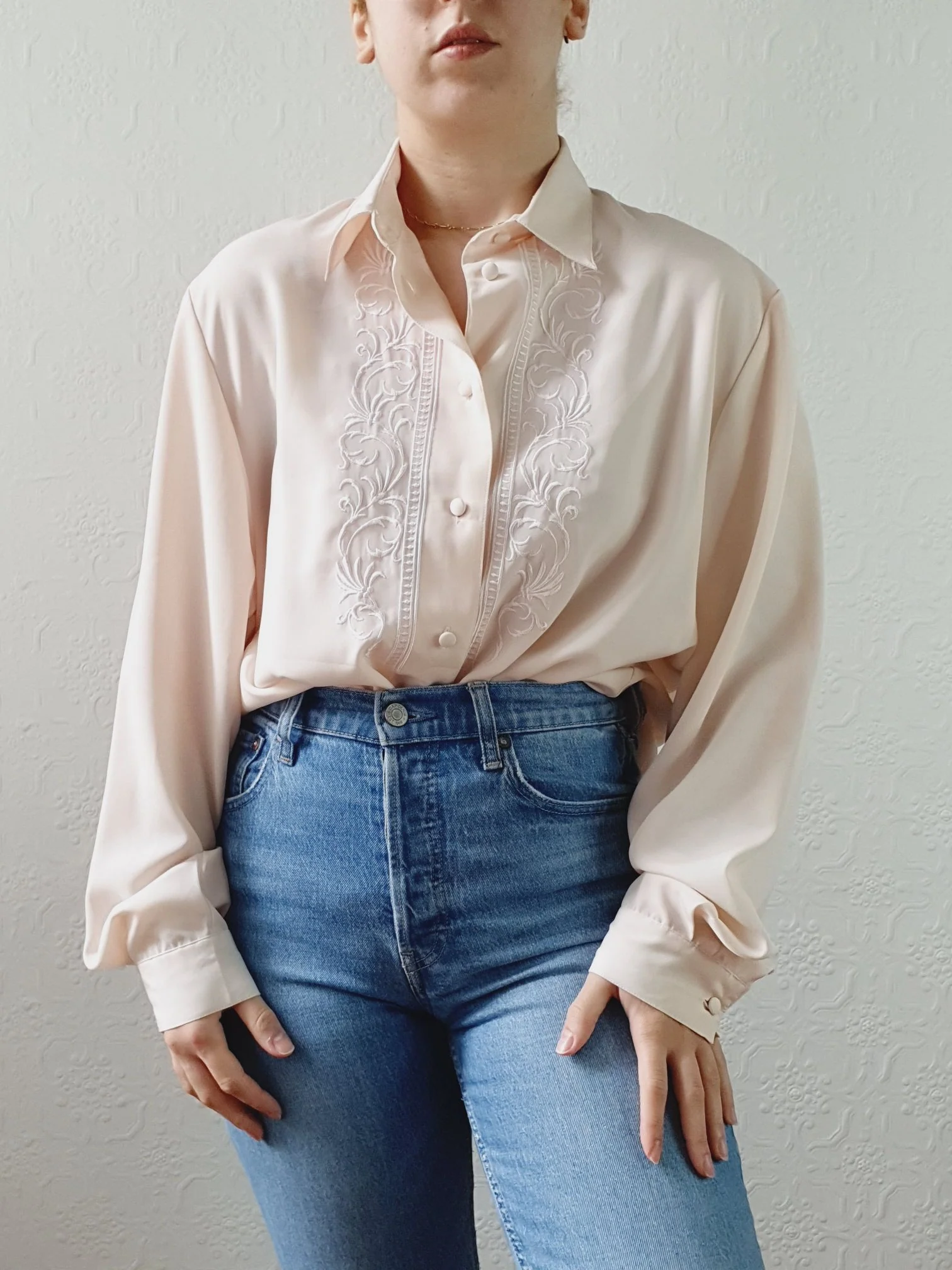Vintage 80s Beige Pink Long Sleeve Collared Blouse with Embroidery Detail - XL