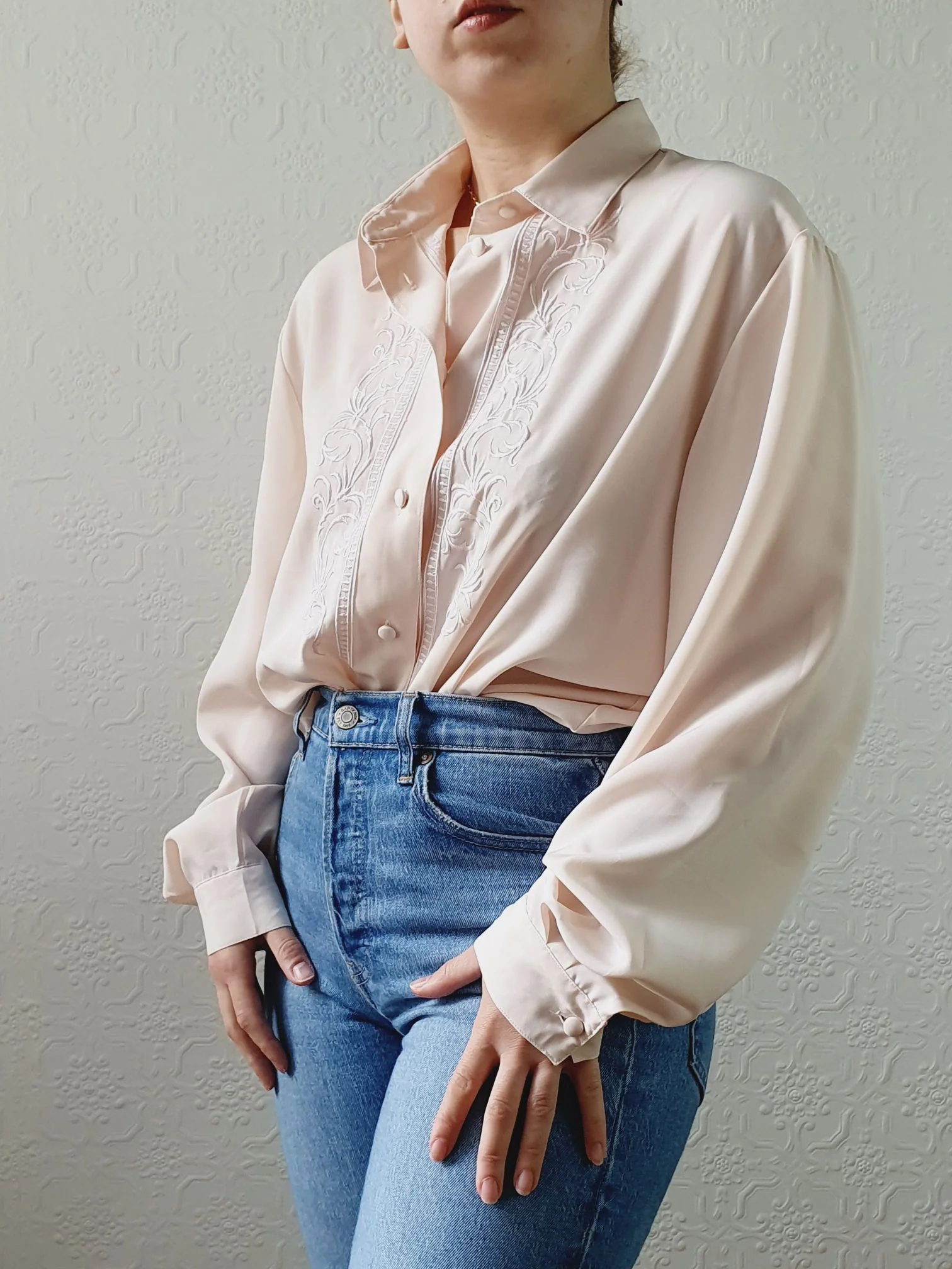 Vintage 80s Beige Pink Long Sleeve Collared Blouse with Embroidery Detail - XL - Image 2