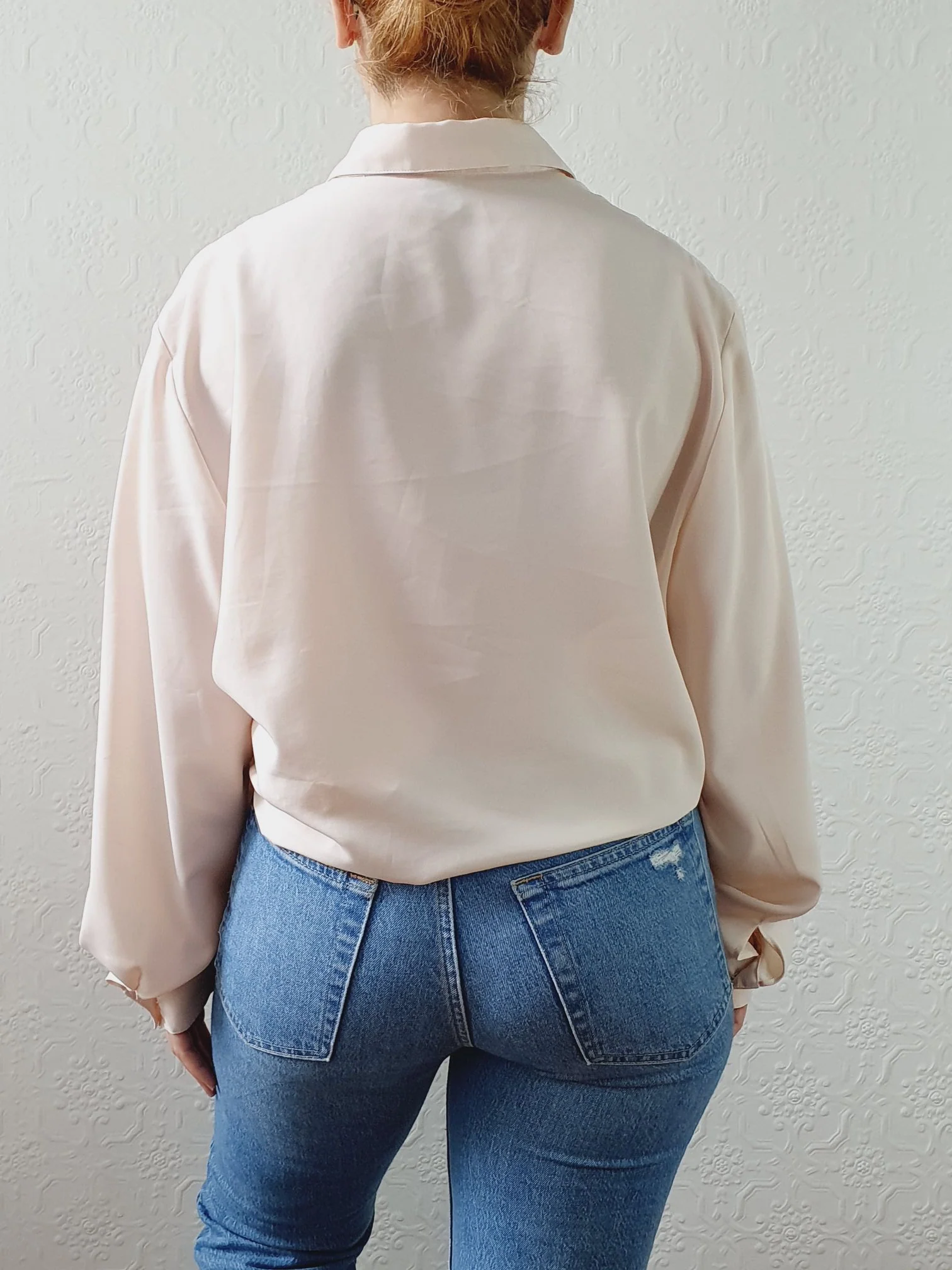 Vintage 80s Beige Pink Long Sleeve Collared Blouse with Embroidery Detail - XL - Image 4