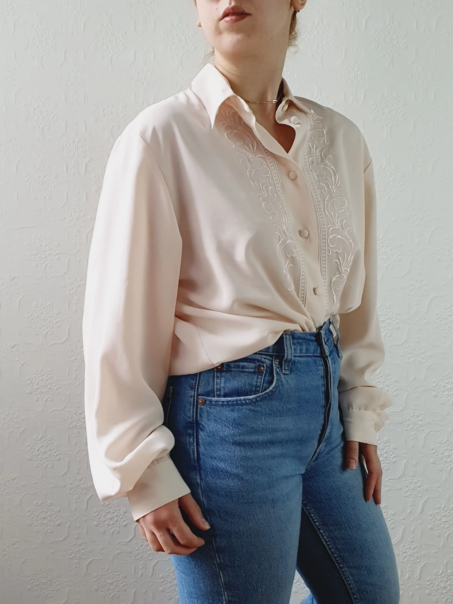 Vintage 80s Beige Pink Long Sleeve Collared Blouse with Embroidery Detail - XL - Image 5