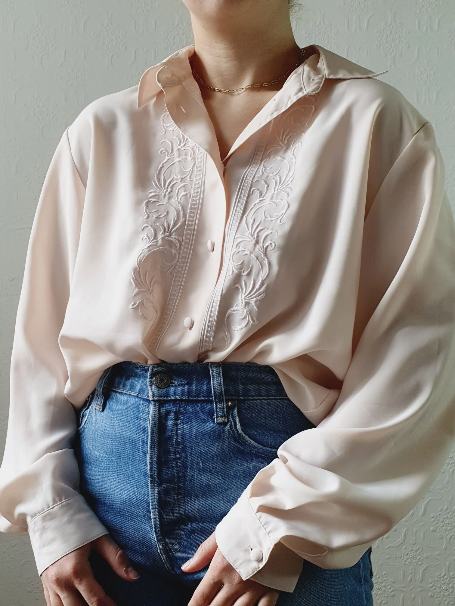 Vintage 80s Beige Pink Long Sleeve Collared Blouse with Embroidery Detail - XL - Image 6