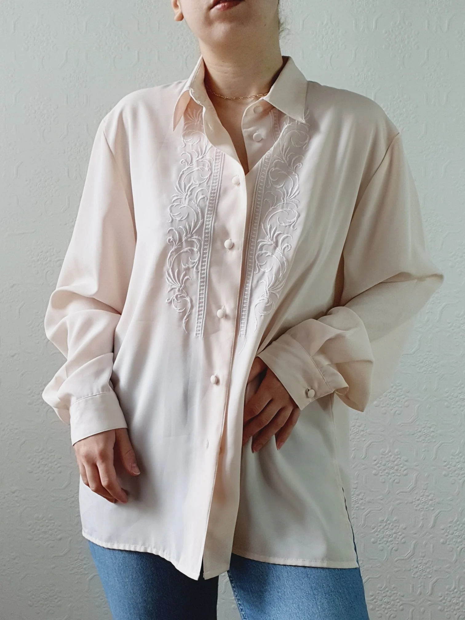 Vintage 80s Beige Pink Long Sleeve Collared Blouse with Embroidery Detail - XL - Image 7