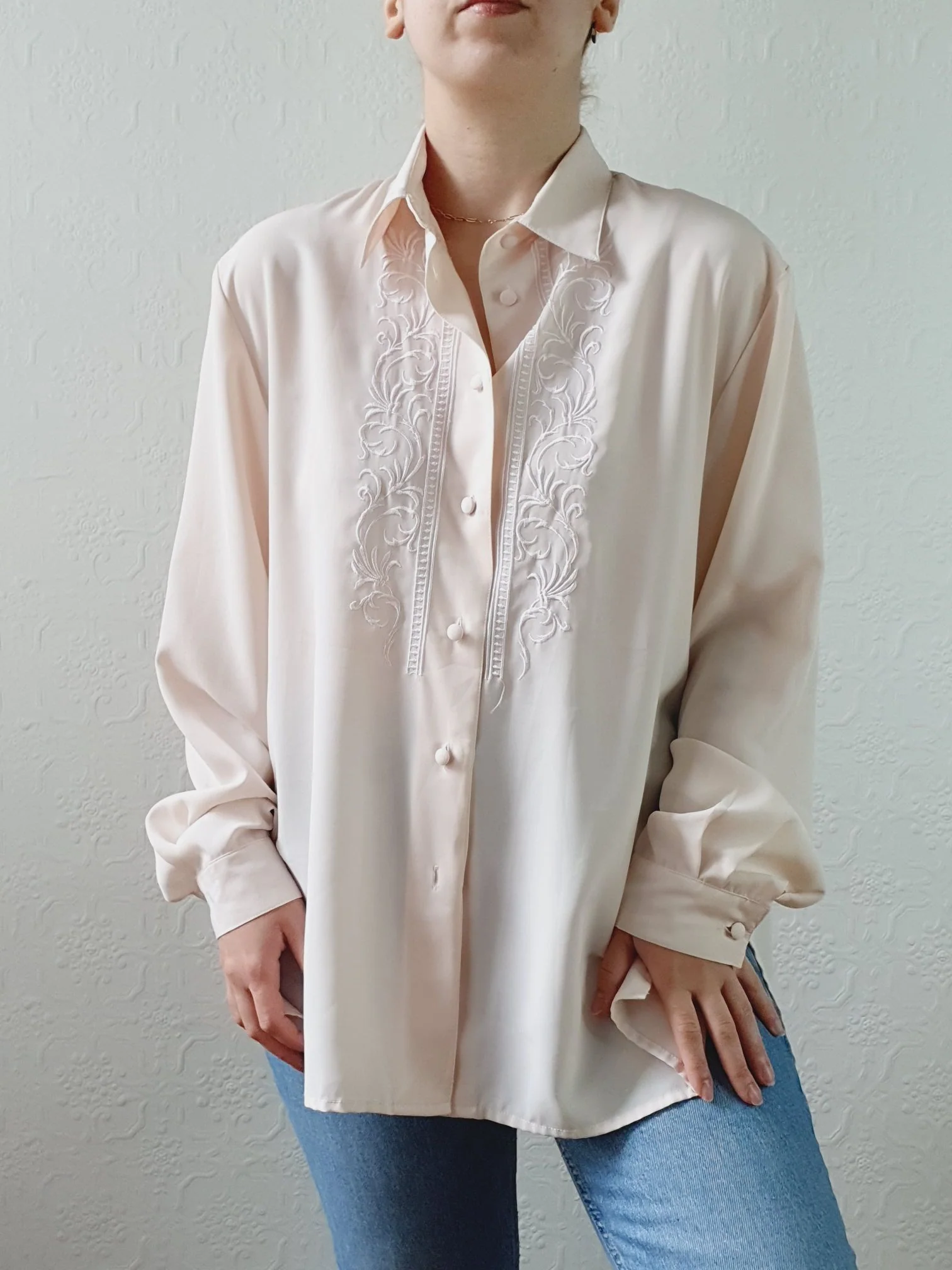 Vintage 80s Beige Pink Long Sleeve Collared Blouse with Embroidery Detail - XL - Image 8