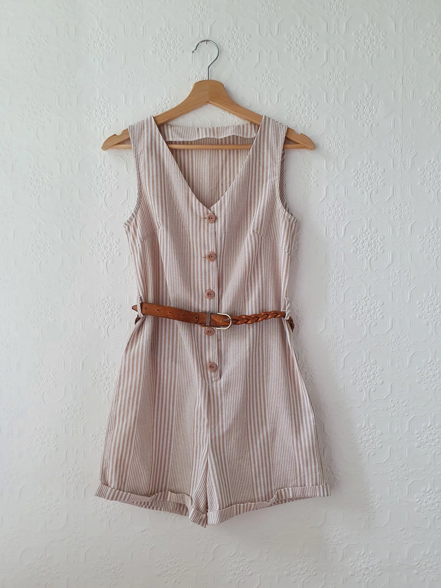 Vintage 80s Beige Striped Sleeveless Playsuit - XS