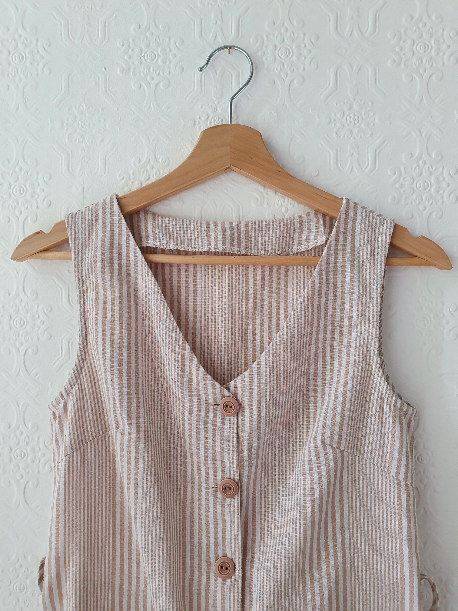 Vintage 80s Beige Striped Sleeveless Playsuit - XS - Image 2