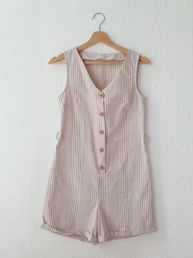 Vintage 80s Beige Striped Sleeveless Playsuit - XS - Image 3