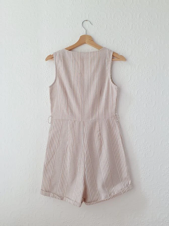 Vintage 80s Beige Striped Sleeveless Playsuit - XS - Image 4
