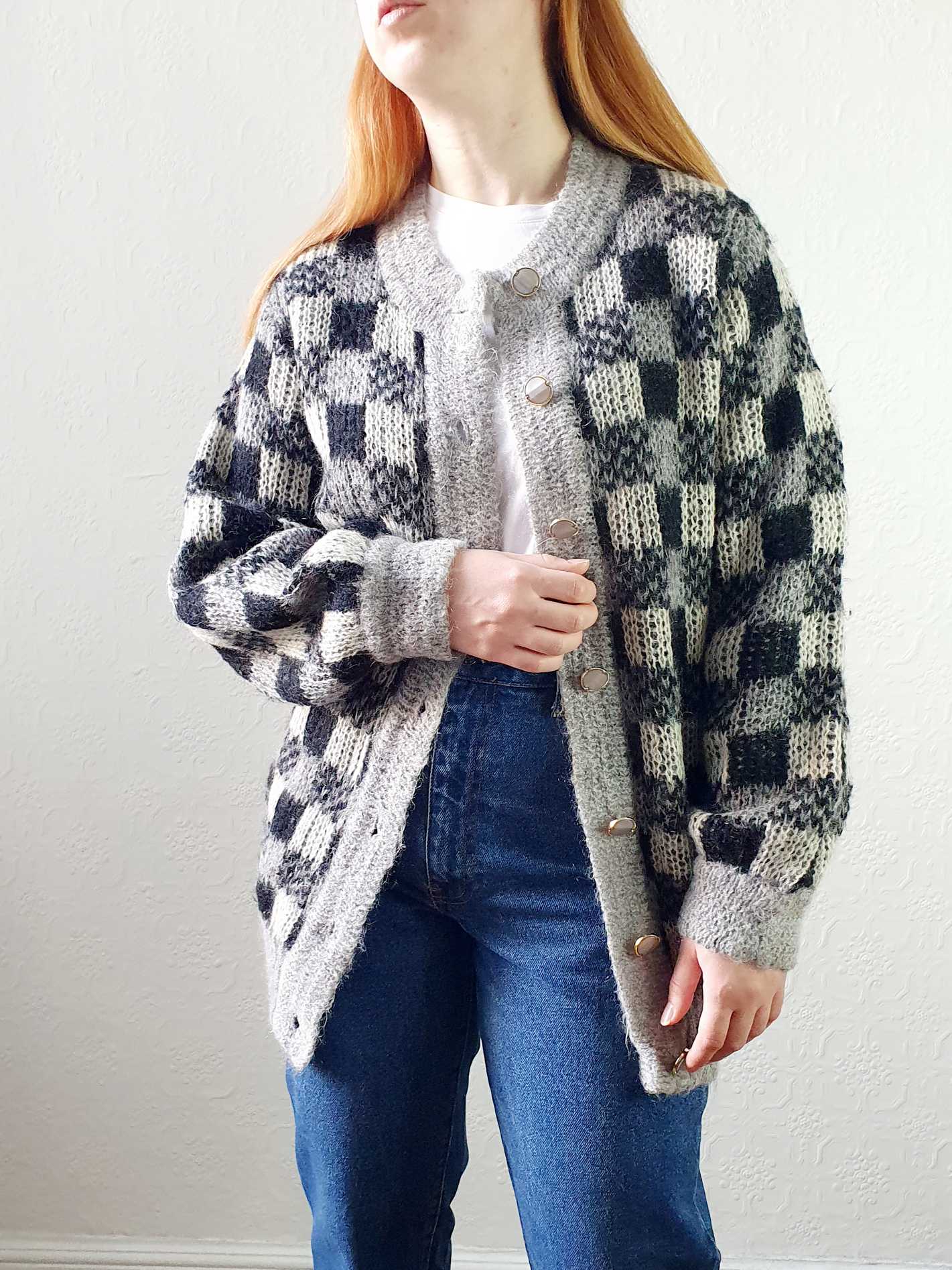 Vintage 80s Black and Grey Checkerboard Mohair Cardigan - M