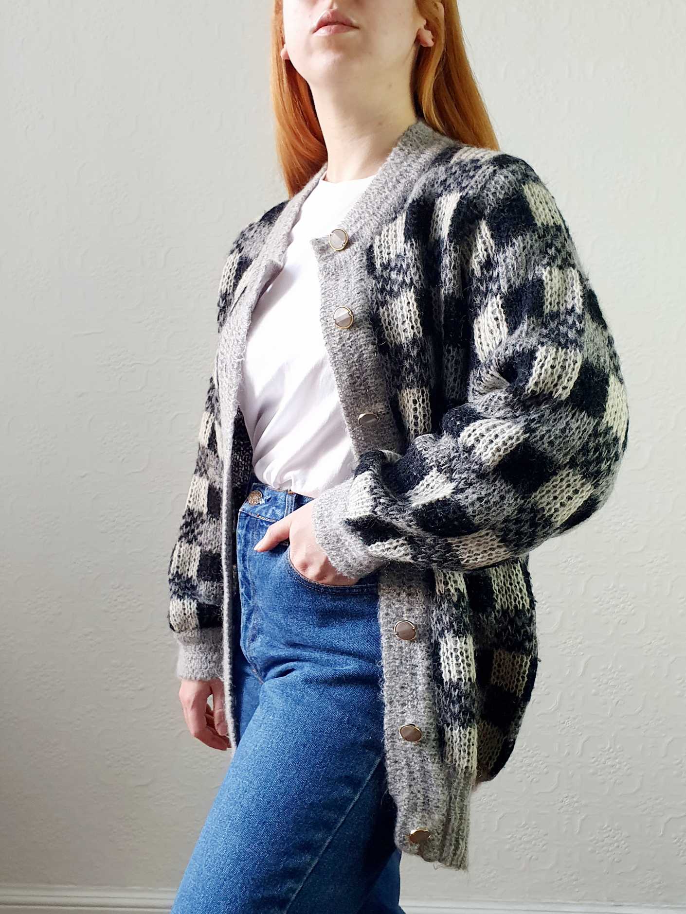 Vintage 80s Black and Grey Checkerboard Mohair Cardigan - M - Image 2