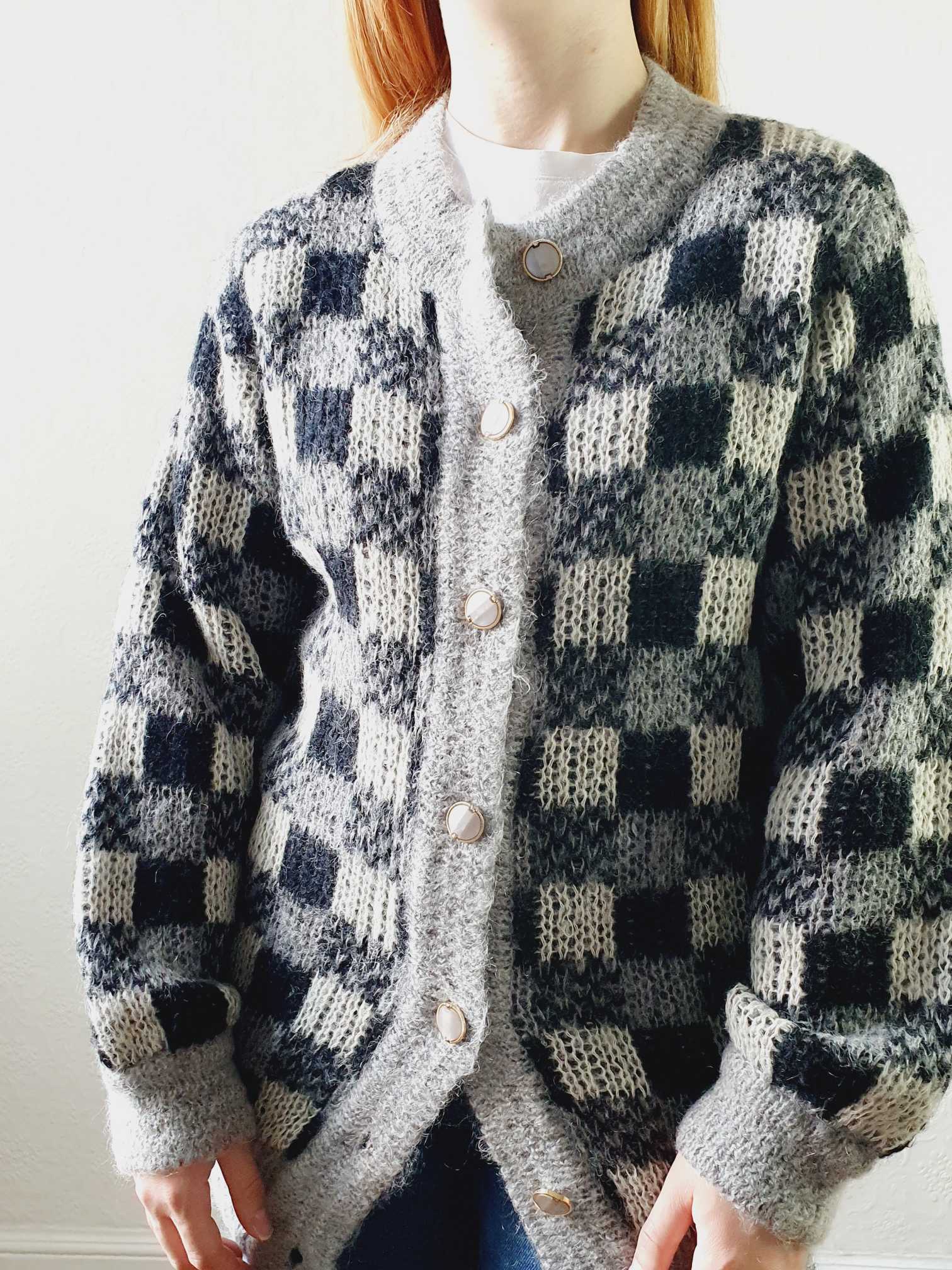 Vintage 80s Black and Grey Checkerboard Mohair Cardigan - M - Image 3