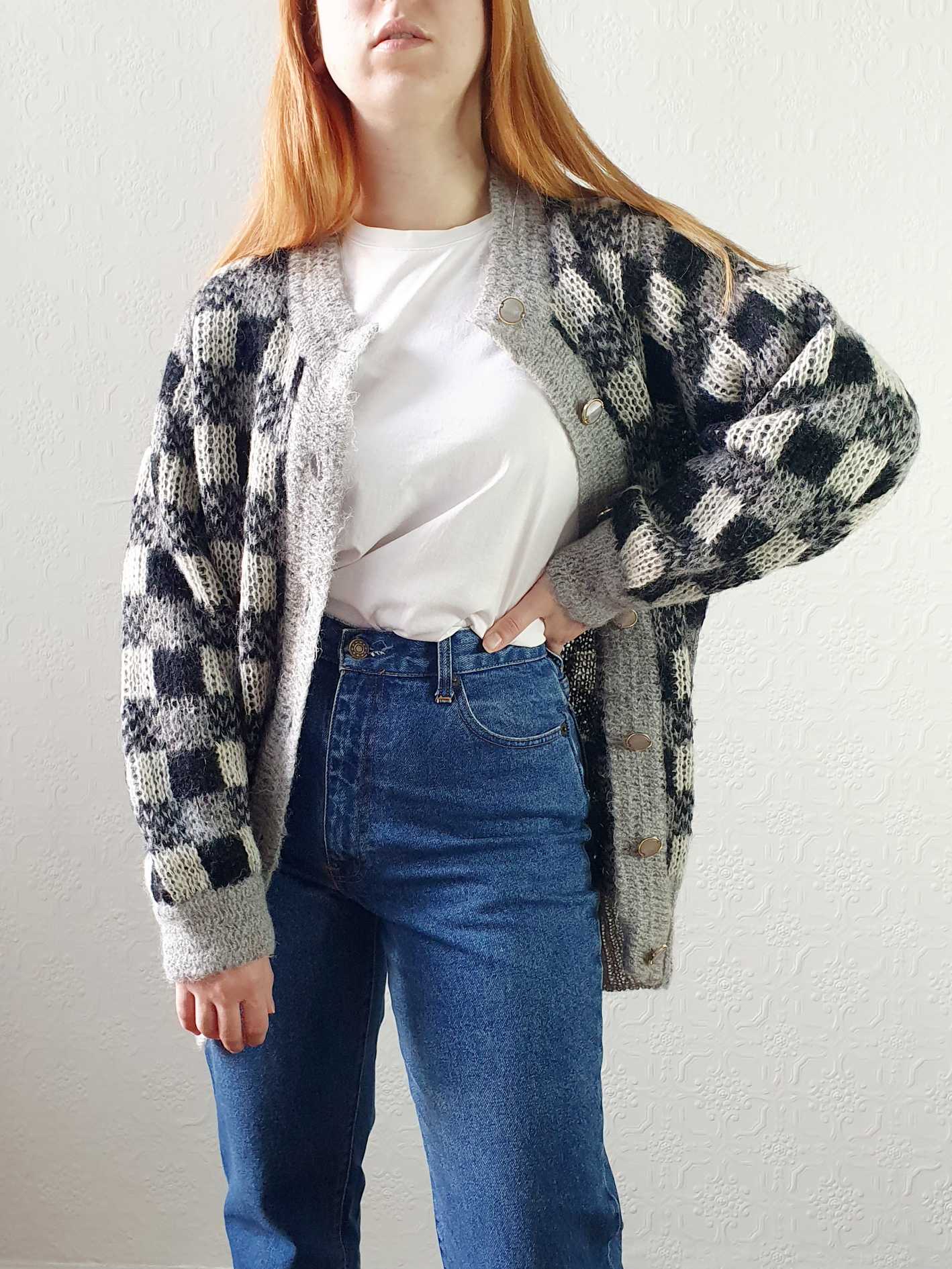 Vintage 80s Black and Grey Checkerboard Mohair Cardigan - M - Image 4