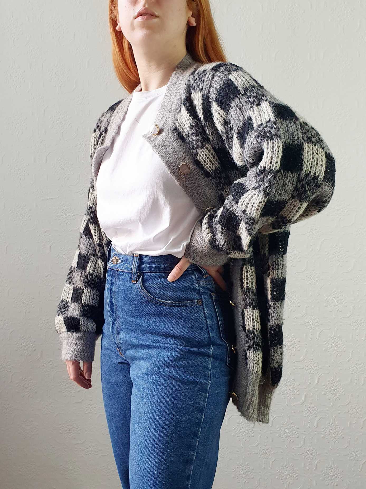 Vintage 80s Black and Grey Checkerboard Mohair Cardigan - M - Image 5