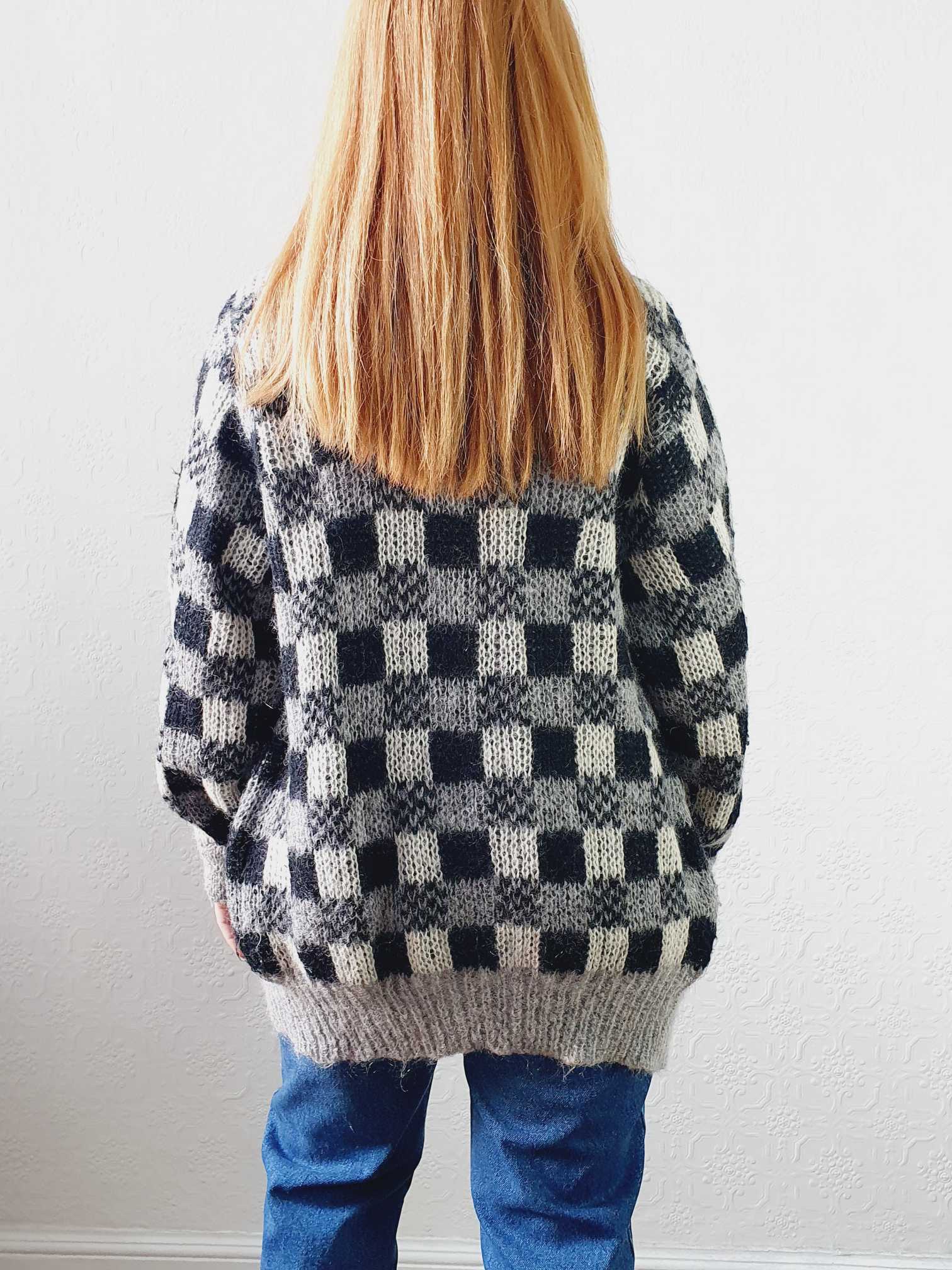 Vintage 80s Black and Grey Checkerboard Mohair Cardigan - M - Image 6