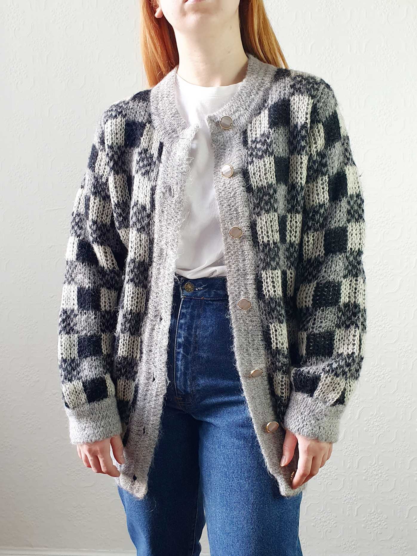 Vintage 80s Black and Grey Checkerboard Mohair Cardigan - M - Image 7