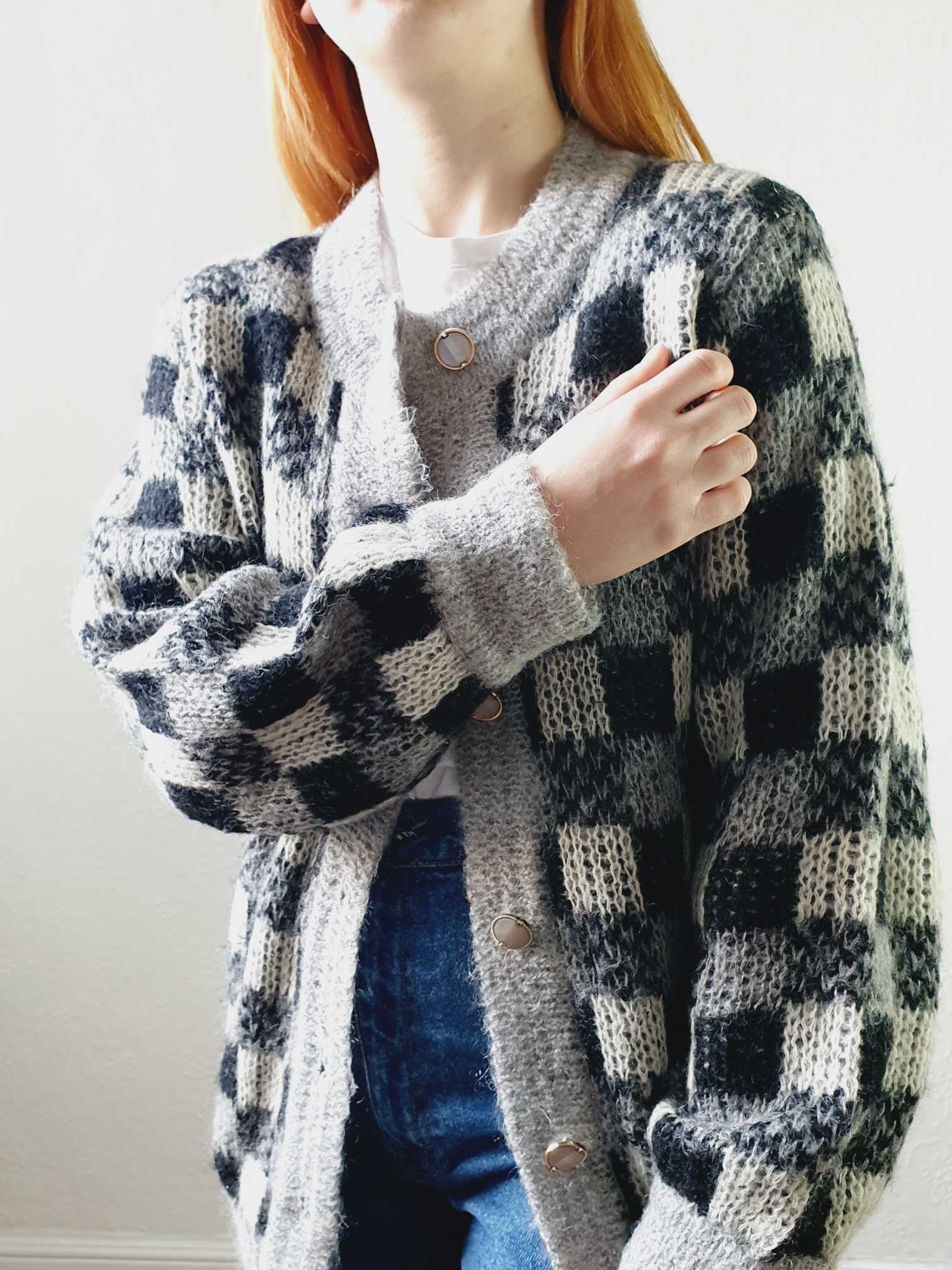 Vintage 80s Black and Grey Checkerboard Mohair Cardigan - M - Image 8