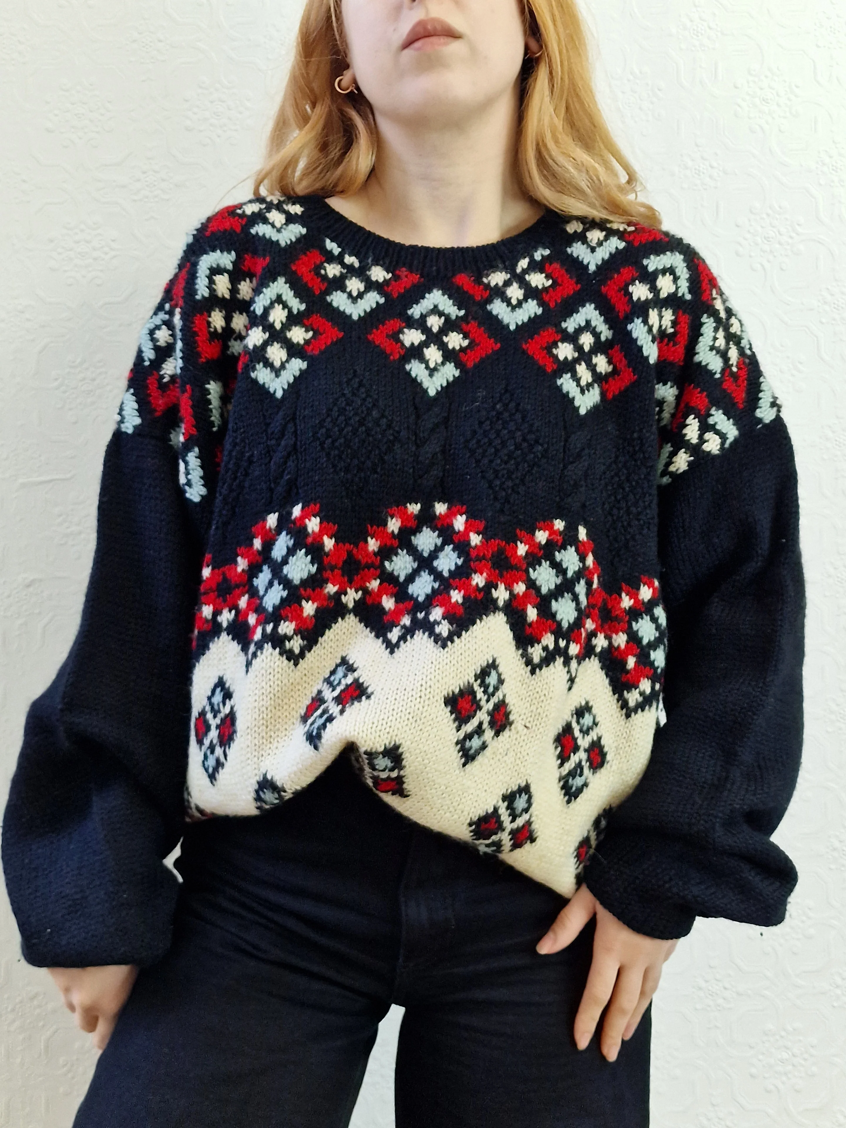 Vintage 80s Black & Cream Geometric Patterned Jumper with Crew Neck - XL - Image 2