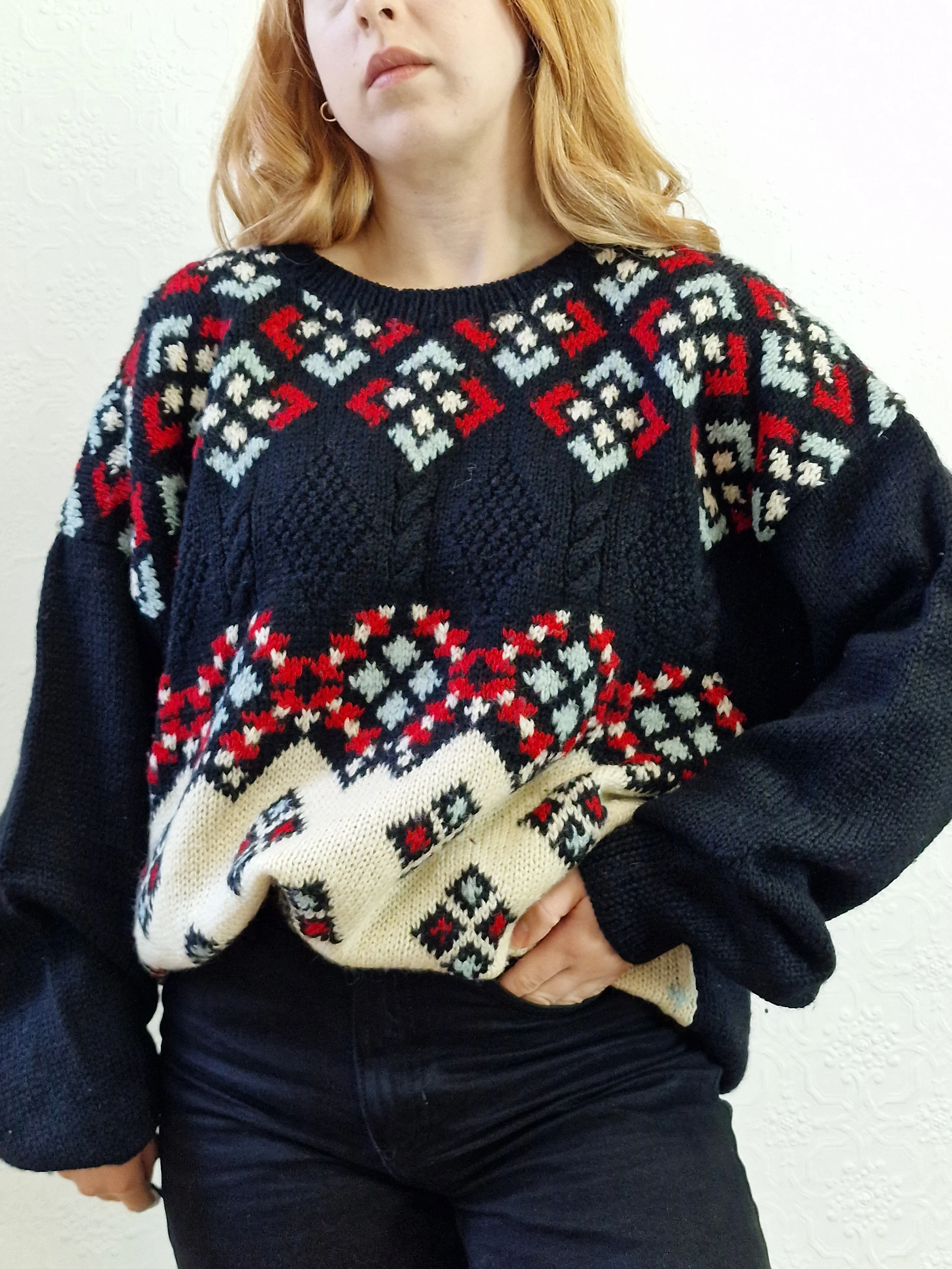 Vintage 80s Black & Cream Geometric Patterned Jumper with Crew Neck - XL - Image 3