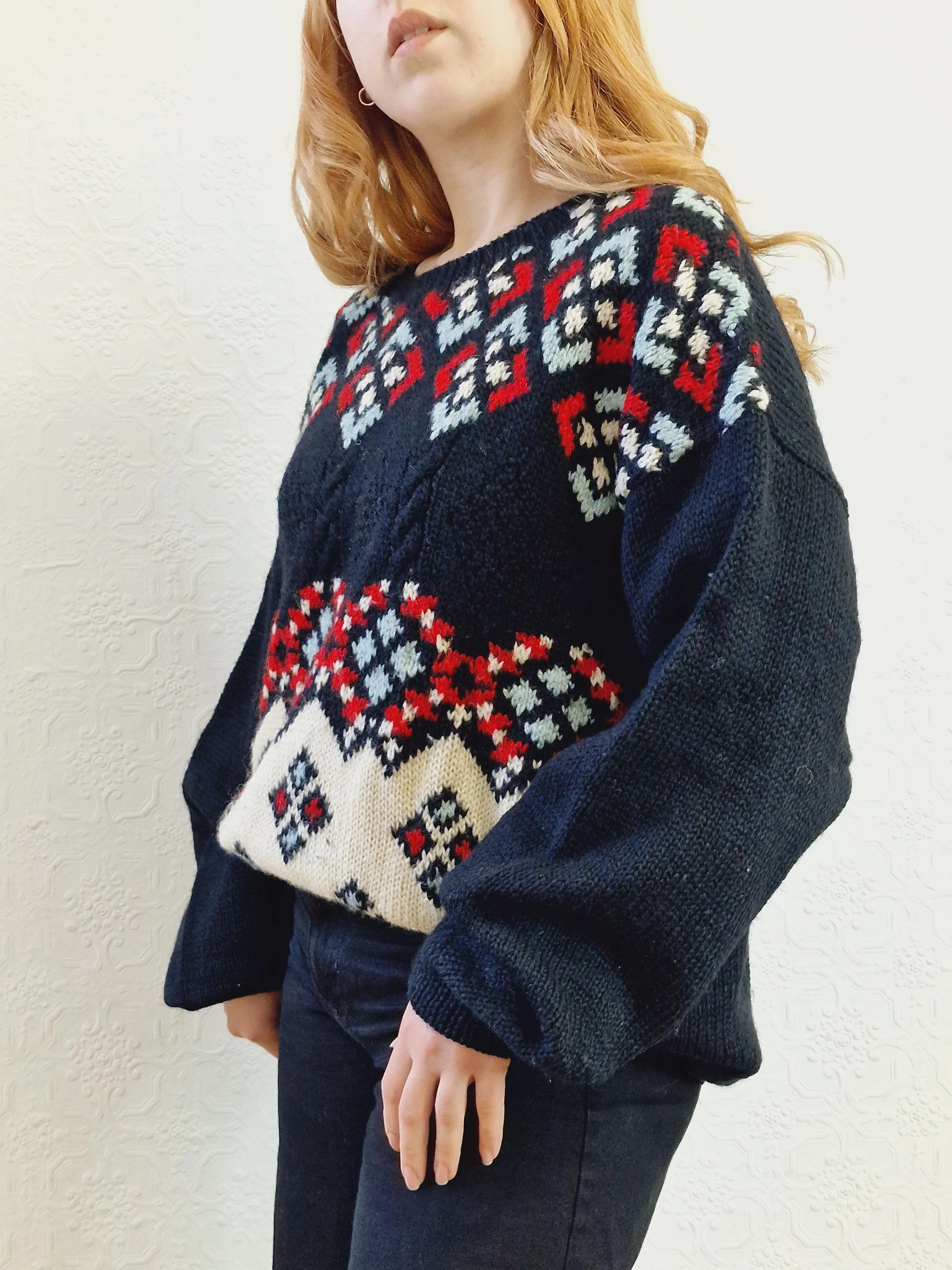 Vintage 80s Black & Cream Geometric Patterned Jumper with Crew Neck - XL - Image 4