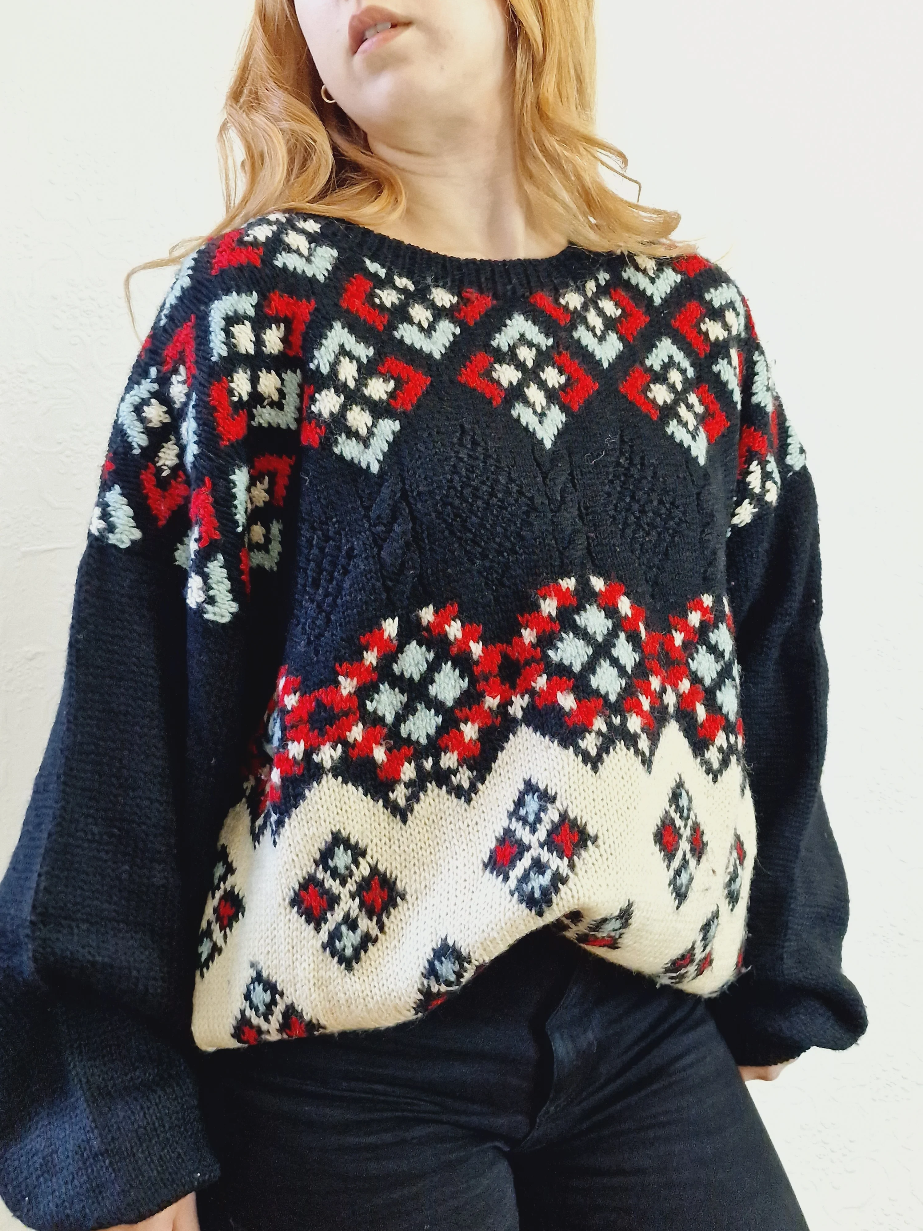 Vintage 80s Black & Cream Geometric Patterned Jumper with Crew Neck - XL - Image 6