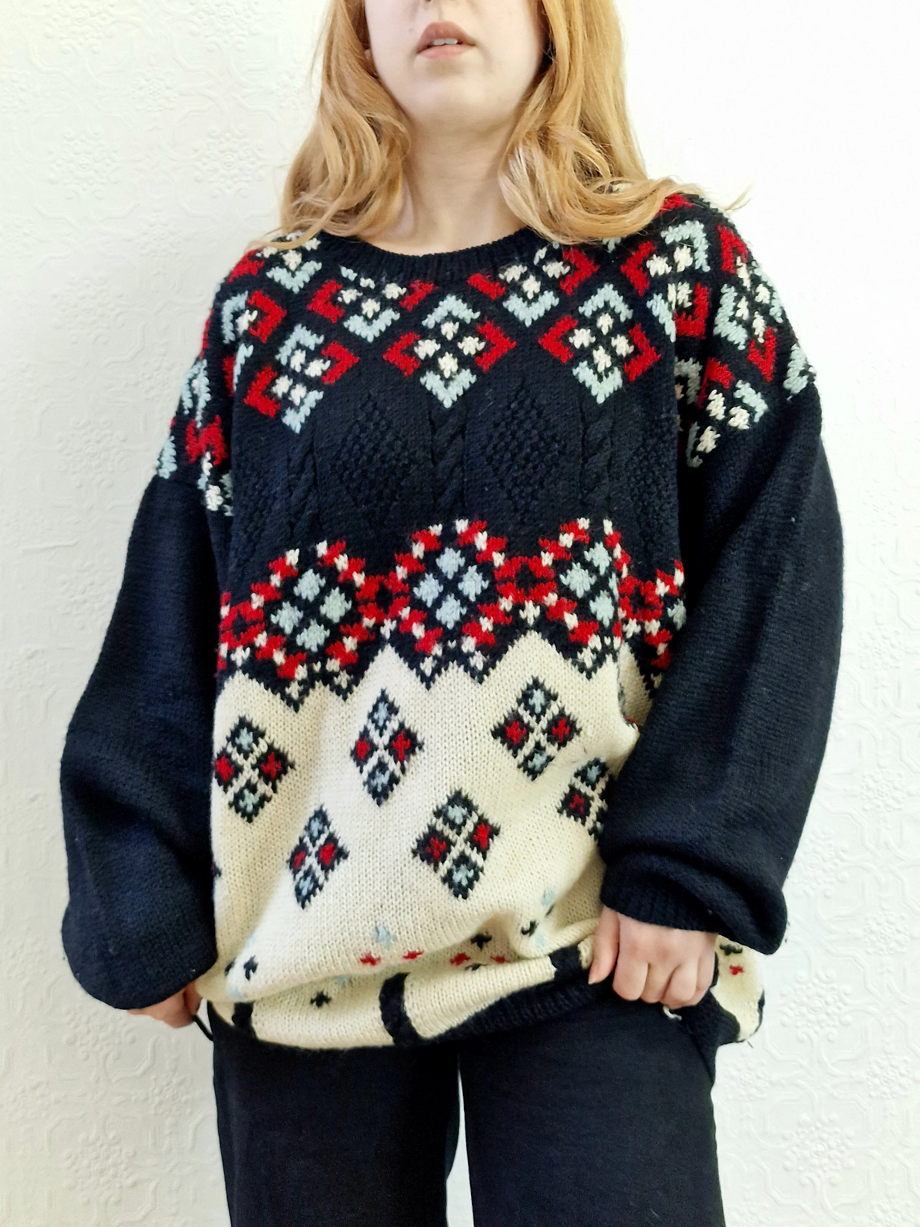 Vintage 80s Black & Cream Geometric Patterned Jumper with Crew Neck - XL - Image 7
