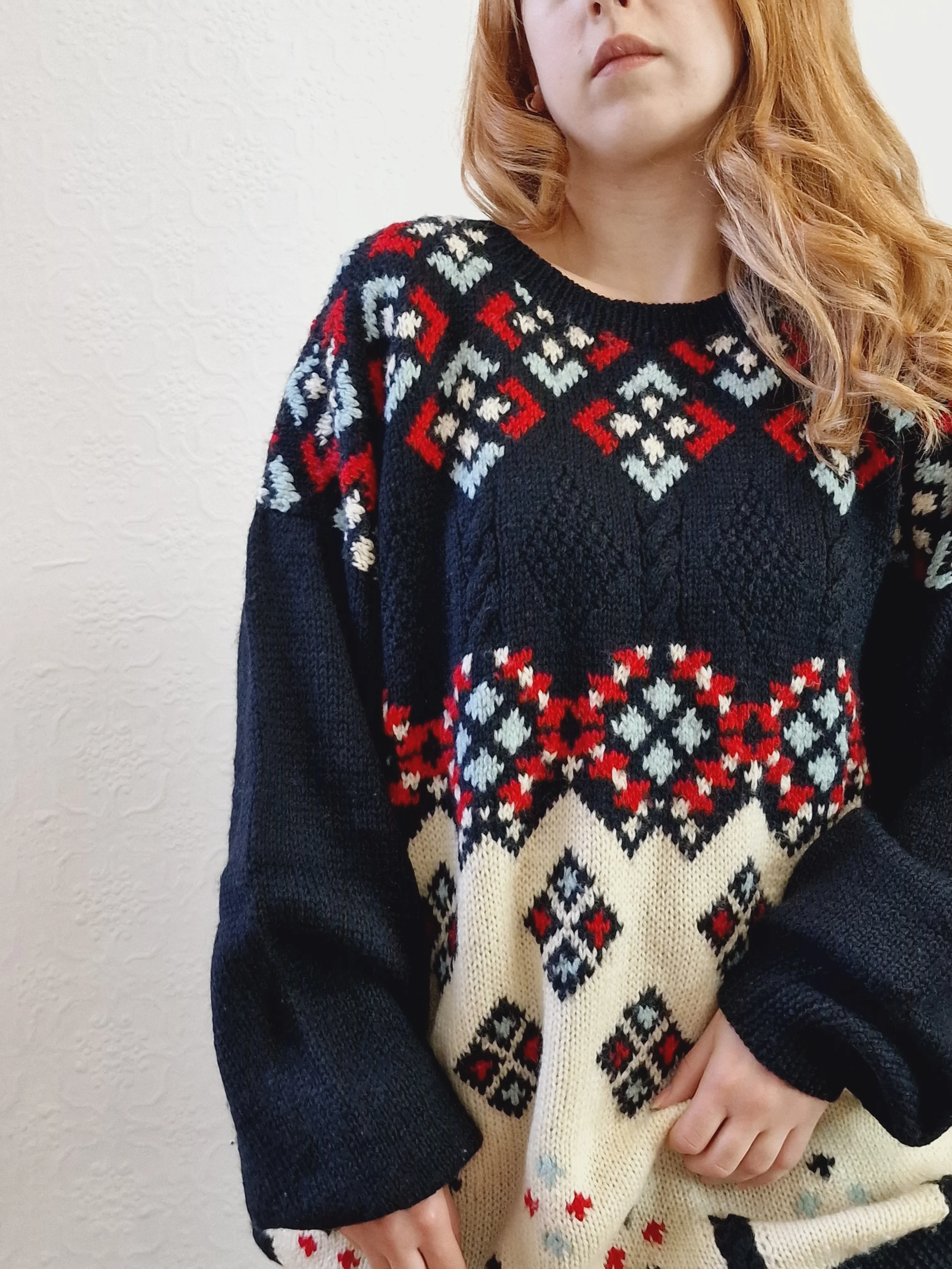 Vintage 80s Black & Cream Geometric Patterned Jumper with Crew Neck - XL - Image 8